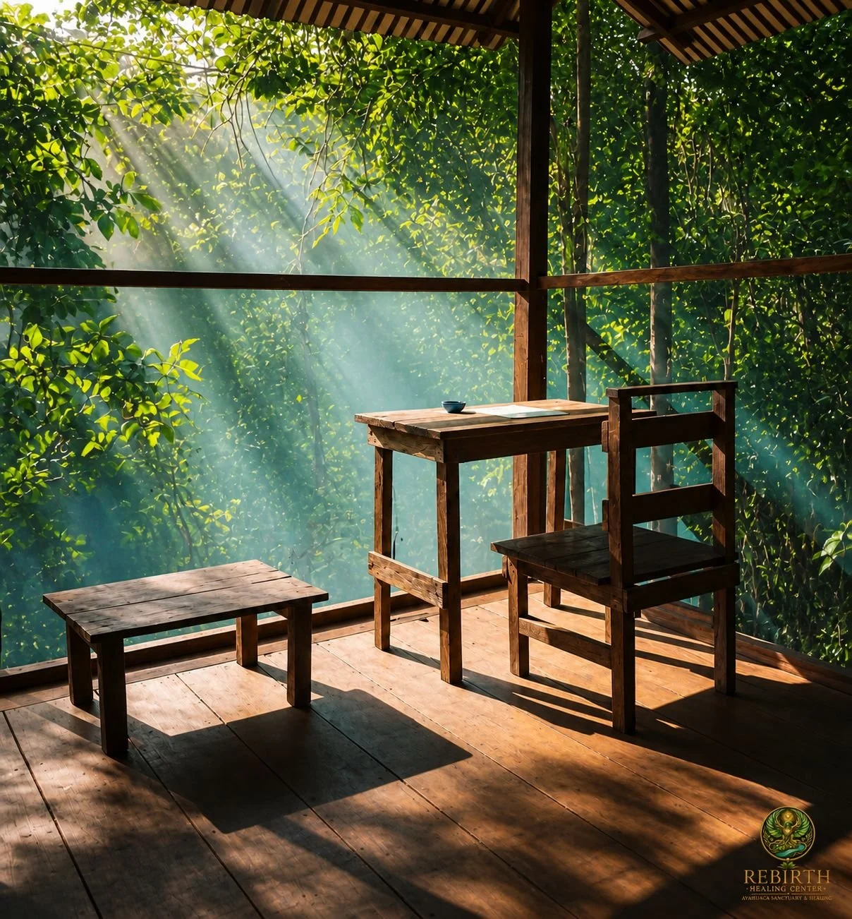 Wooden table, chair and bench on a screened jungle deck with sunlight through the trees, ayahuasca retreat Peru