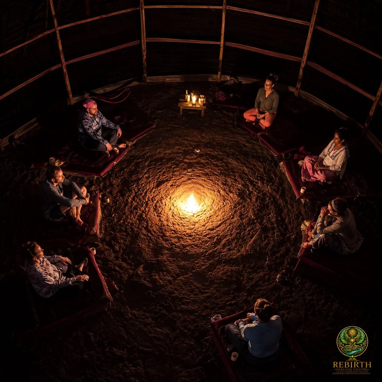 Small group seated in a circle on cushions around a single candle in the ceremony maloca at night