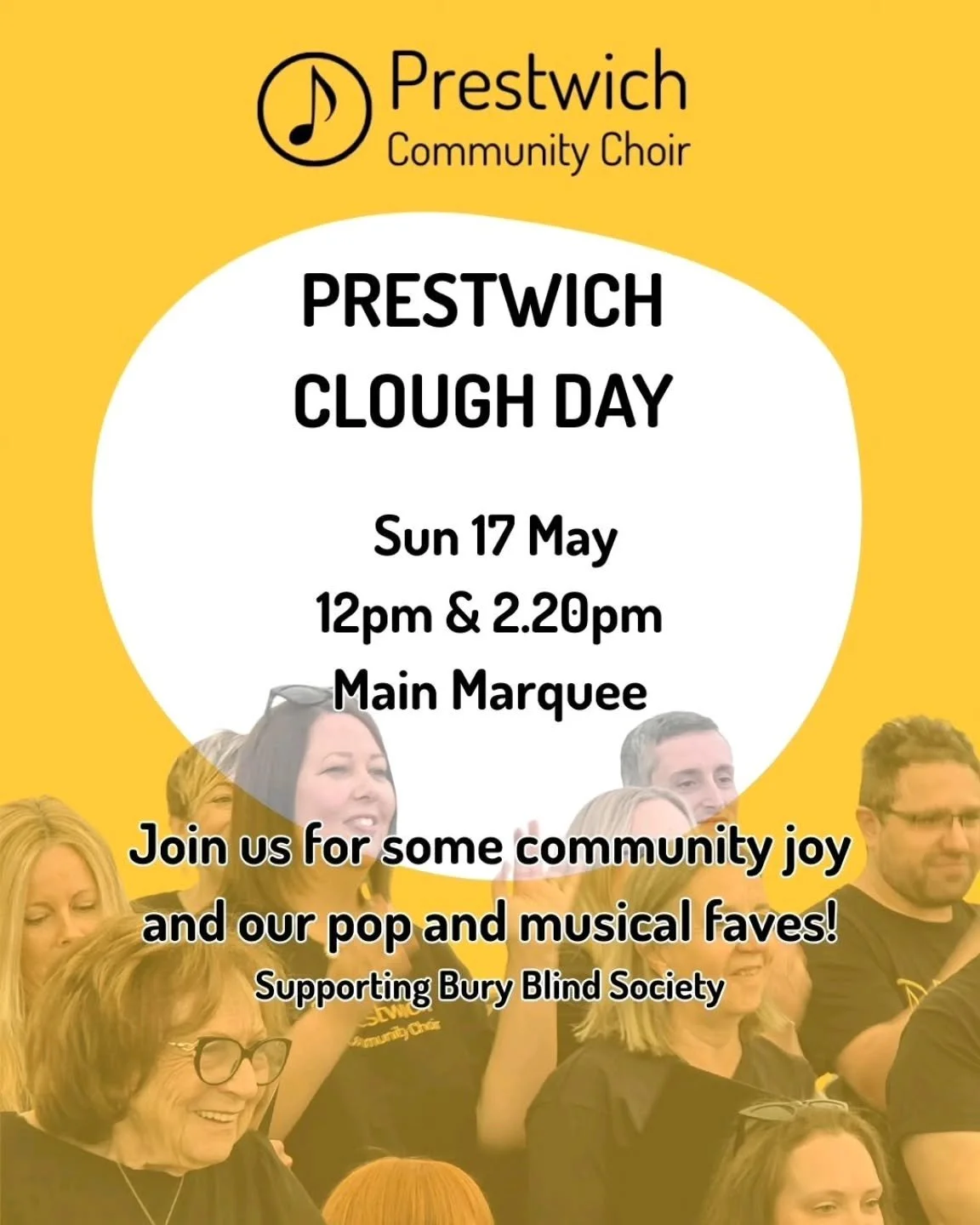 Prestwich Clough Day, we&rsquo;re coming for you!

Catch Prestwich Community Choir in the Main Marquee on Sunday 17 May at 12pm and 2.20pm.

Expect pop favourites, musical theatre moments, big smiles and plenty of community joy.

We&rsquo;ll also be 