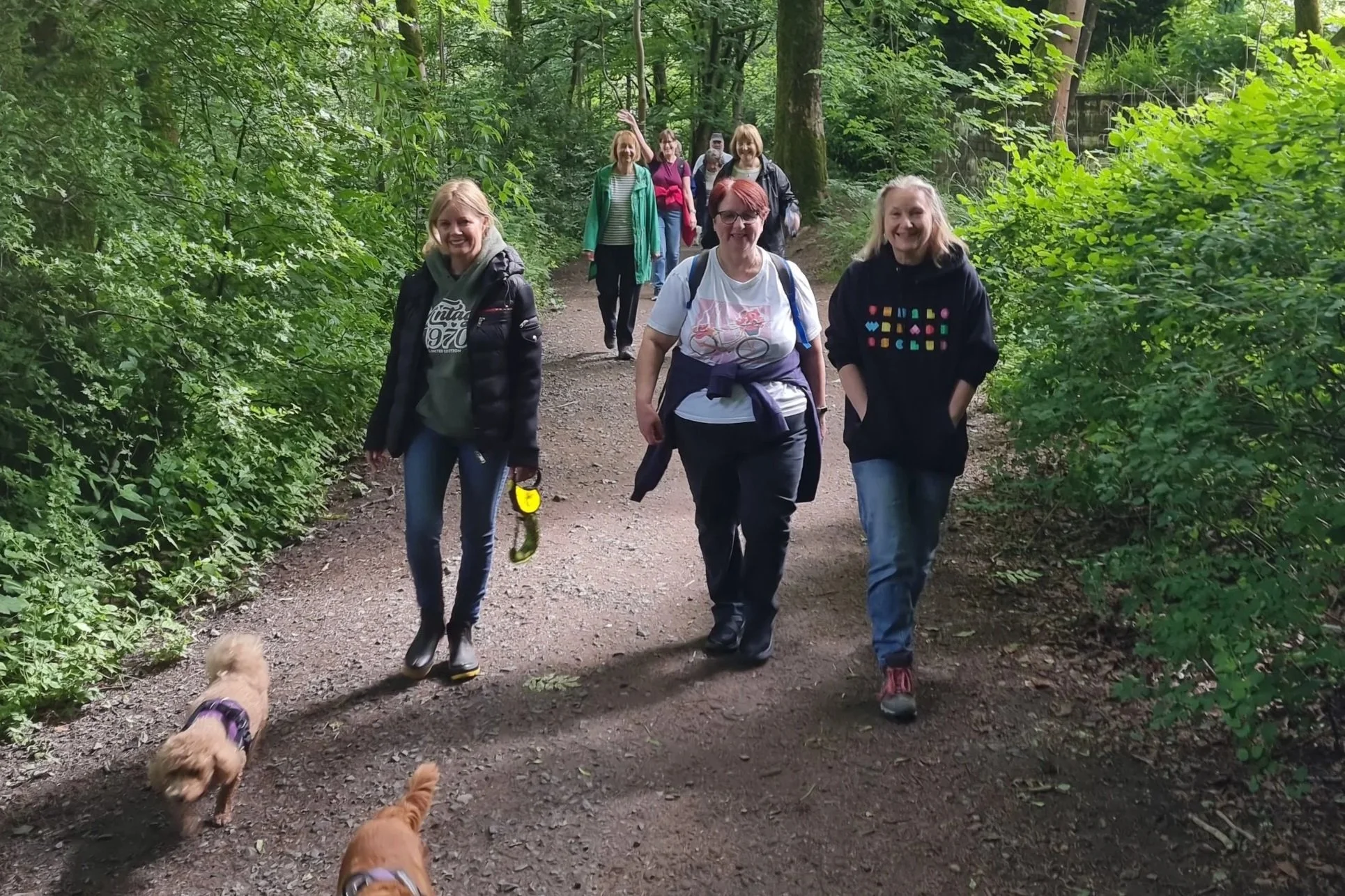 Group of people walking on a dirt trail in a green forest, with two dogs in the foreground.