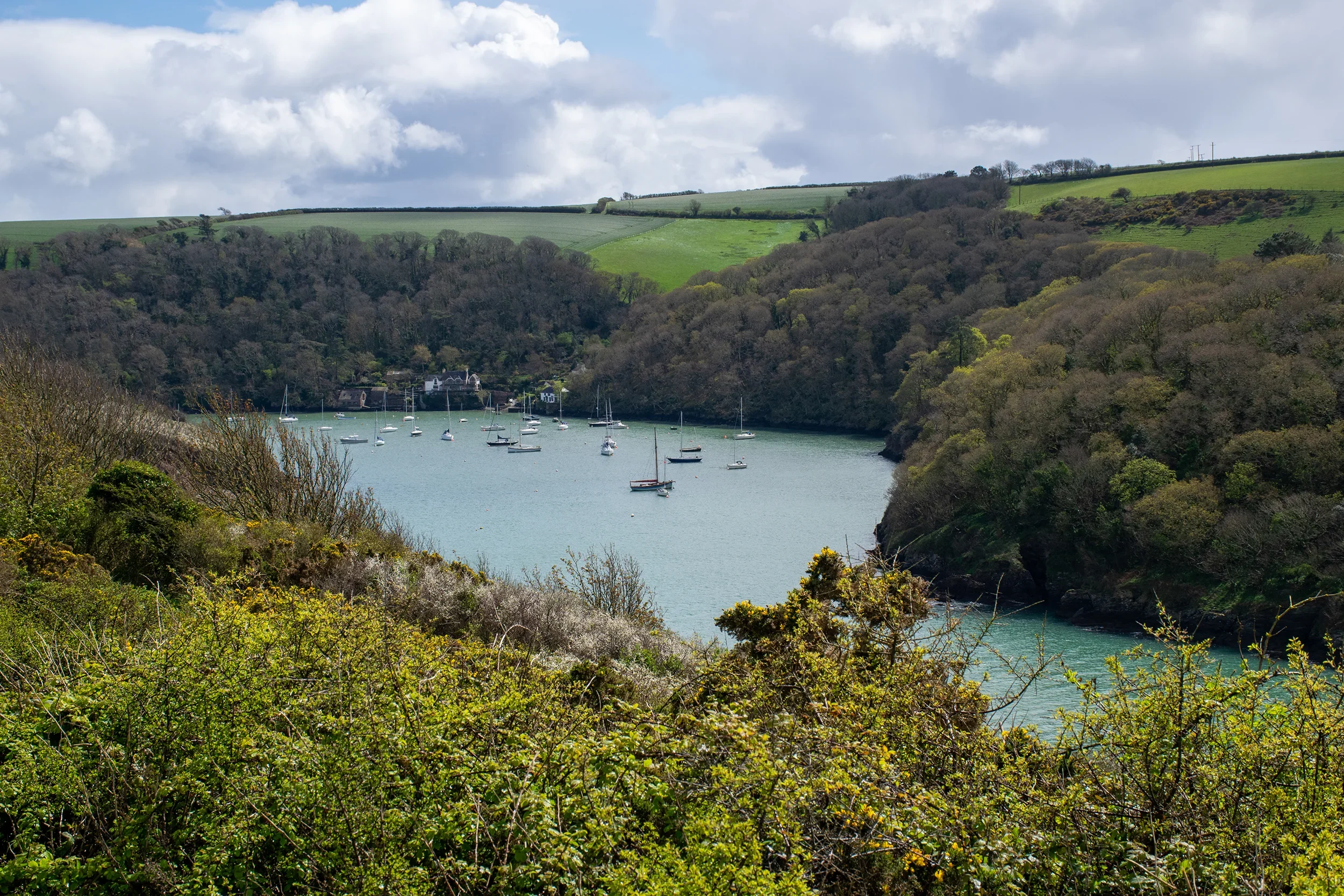 A peaceful harbor with multiple sailboats docked in the calm water, surrounded by lush green hills and a partly cloudy sky.