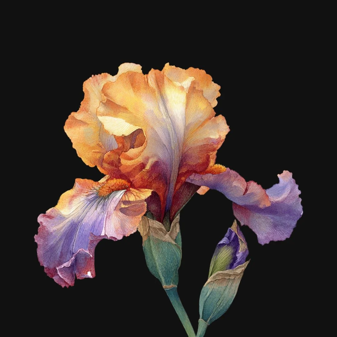 Like the iris &mdash; a symbol of guidance, clarity, and transformation &mdash; you carry every colour of your potential within you. 
ORRIS draws its name from the rhizome of this architectural inflorescence - its subterranean energy body. Often forg