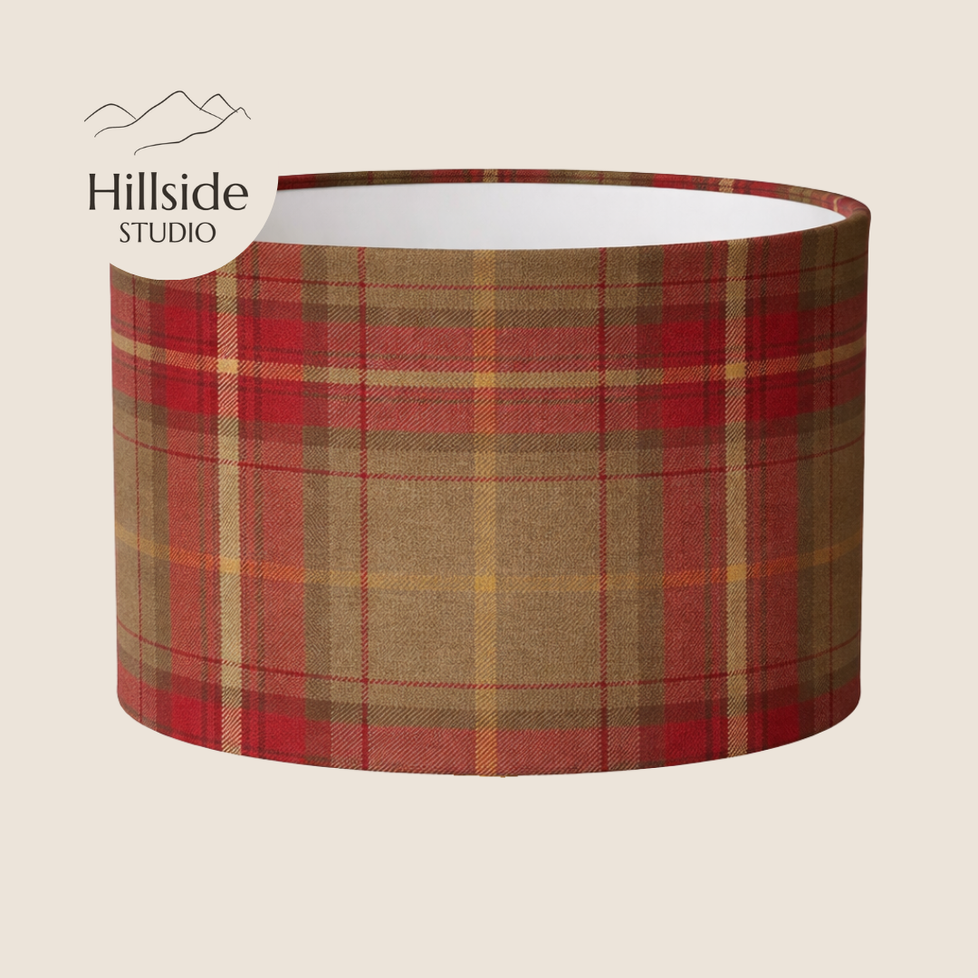 Red and Khaki Tweed Tartan Drum Lampshade | Handmade UK Lighting | Ceiling Table Floor Lamps Lights