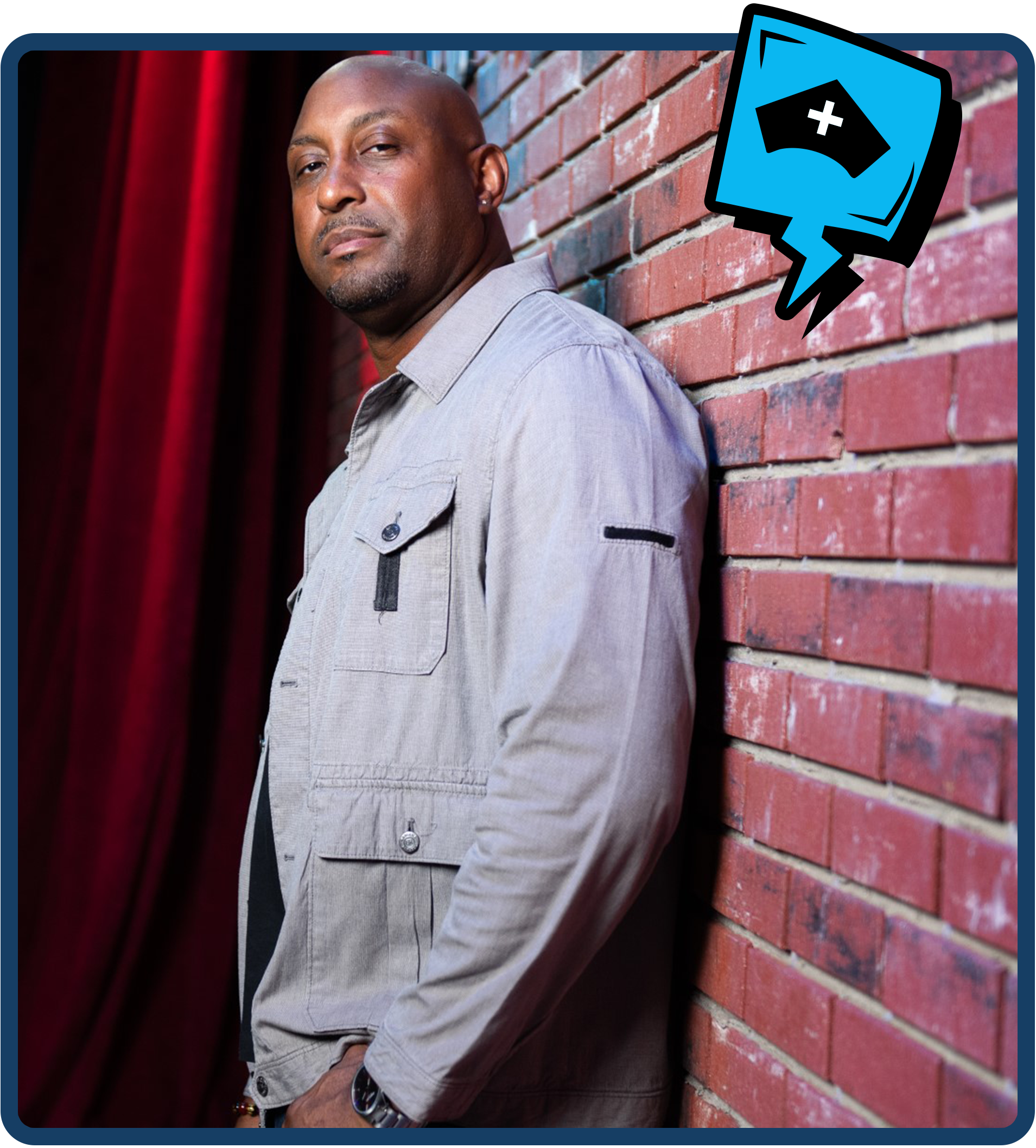 A man leaning against a brick wall with a serious expression, wearing a light gray jacket. A graphic of a speech bubble with a face and crossed-out eyes is in the top right corner.