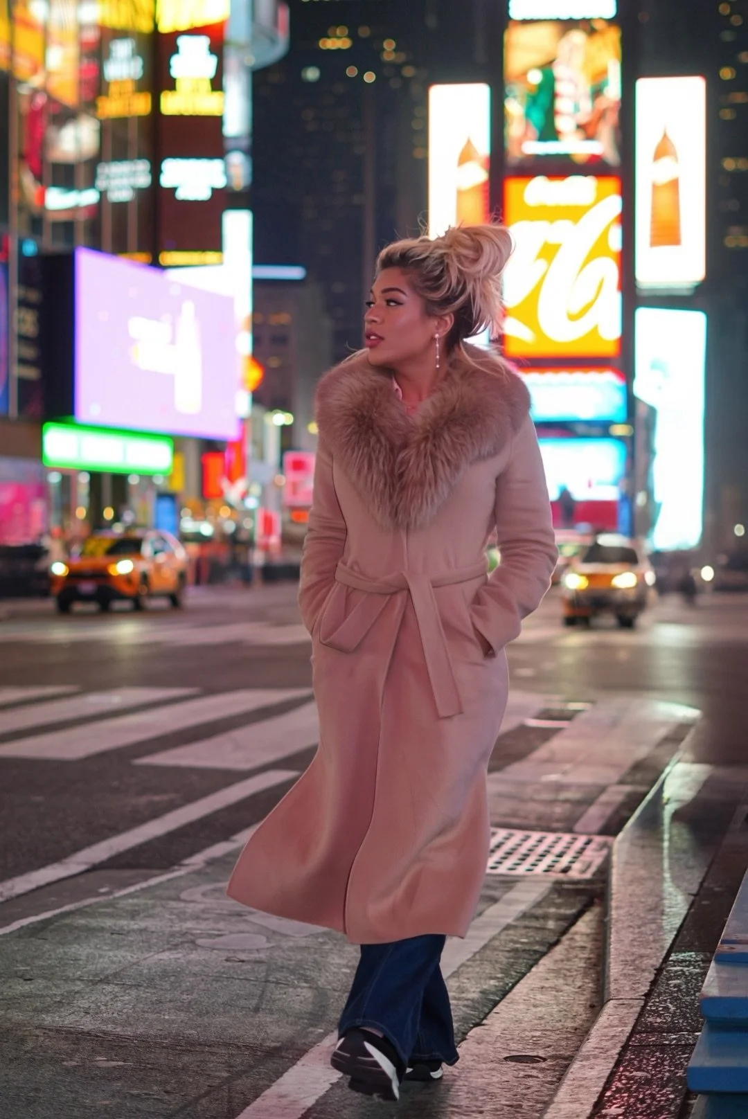 A blonde woman walking in Time Square in New York city street at night, wearing a beige coat with a fur collar, with neon lights and billboards in the background.