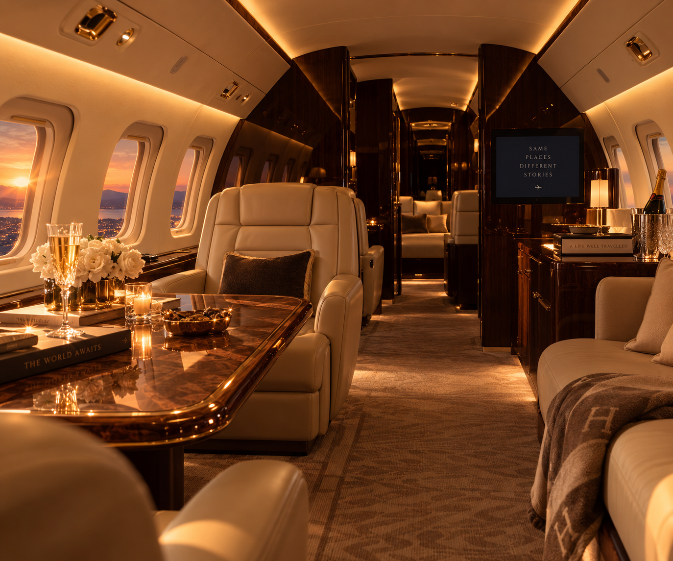 Luxury private jet interior with beige leather seats, a marble table, flowers, wine, and a sunset view through the windows.