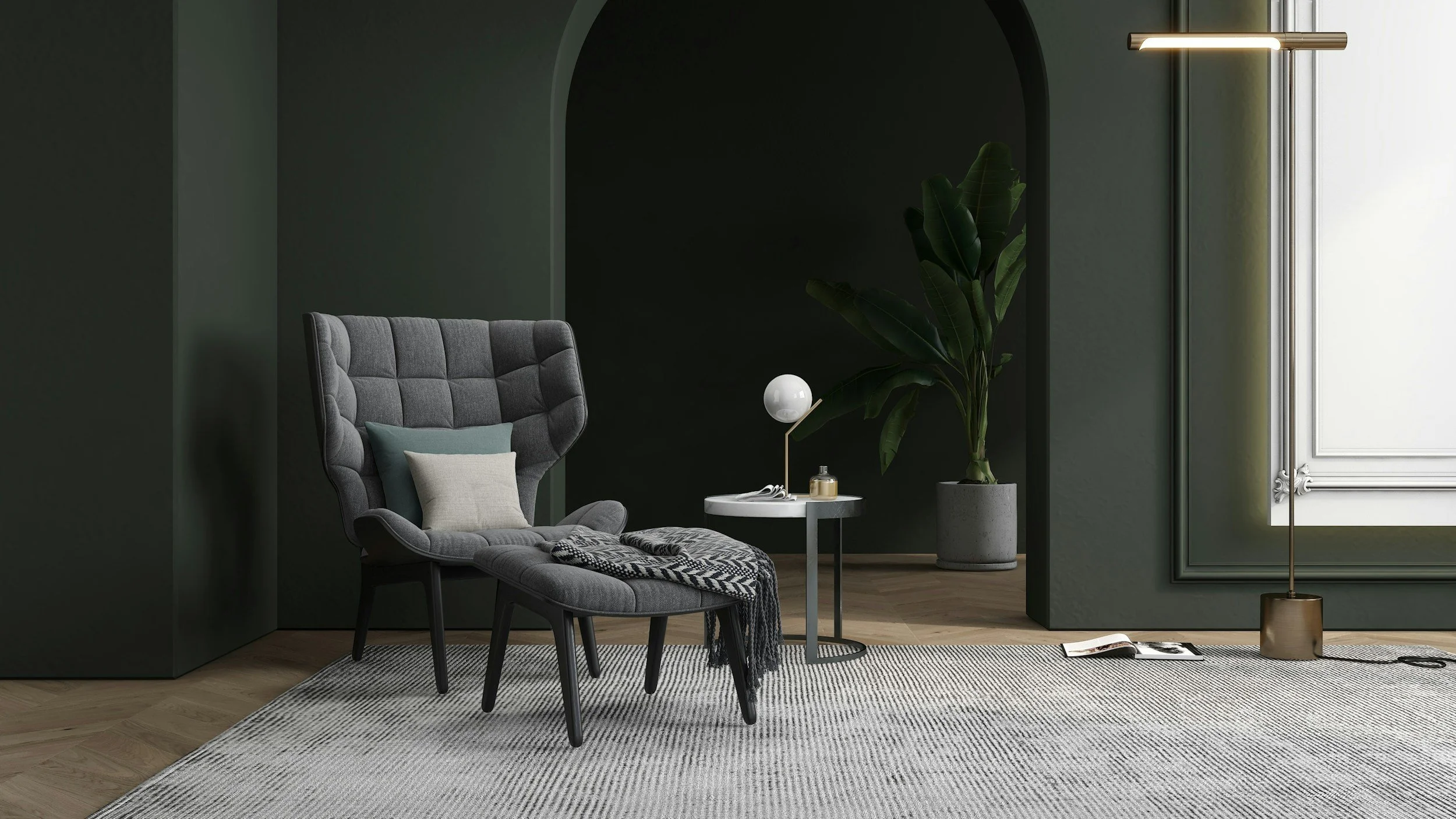 Salon moderne avec fauteuil gris, plante verte, lampe de table et lampe sur pied, tapis rayé, mur vert foncé et fenêtre (travaux de rénovation, travaux après sinistre Rennes/ Ille-et-Vilaine / Côtes-d'Armor / Dinan / Saint Malo / Saint Brieuc)