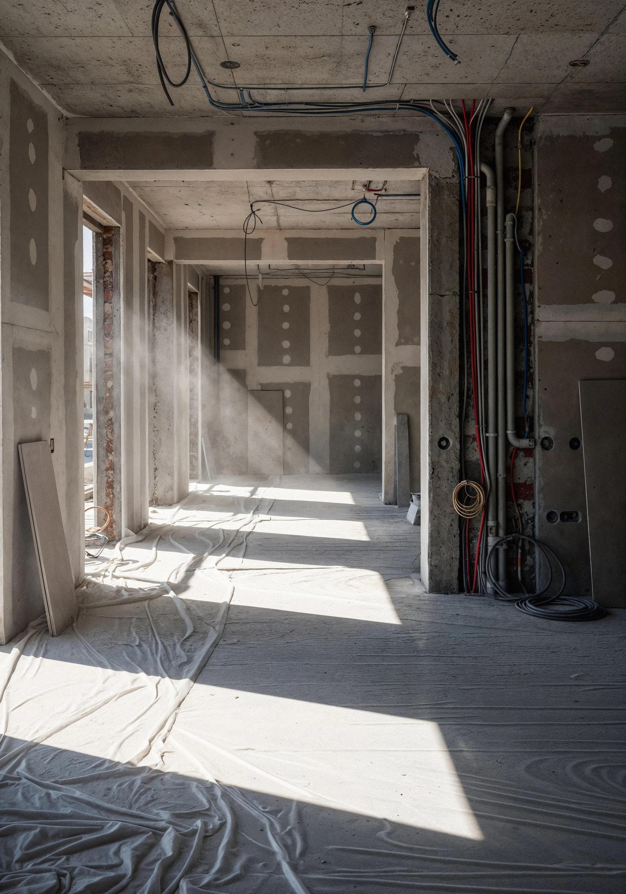 Intérieur en cours de construction avec murs et plafond en béton, câblage électrique en place  (travaux de rénovation, travaux après sinistre Rennes/ Ille-et-Vilaine / Côtes-d'Armor / Dinan / Saint Malo / Saint Brieuc)
