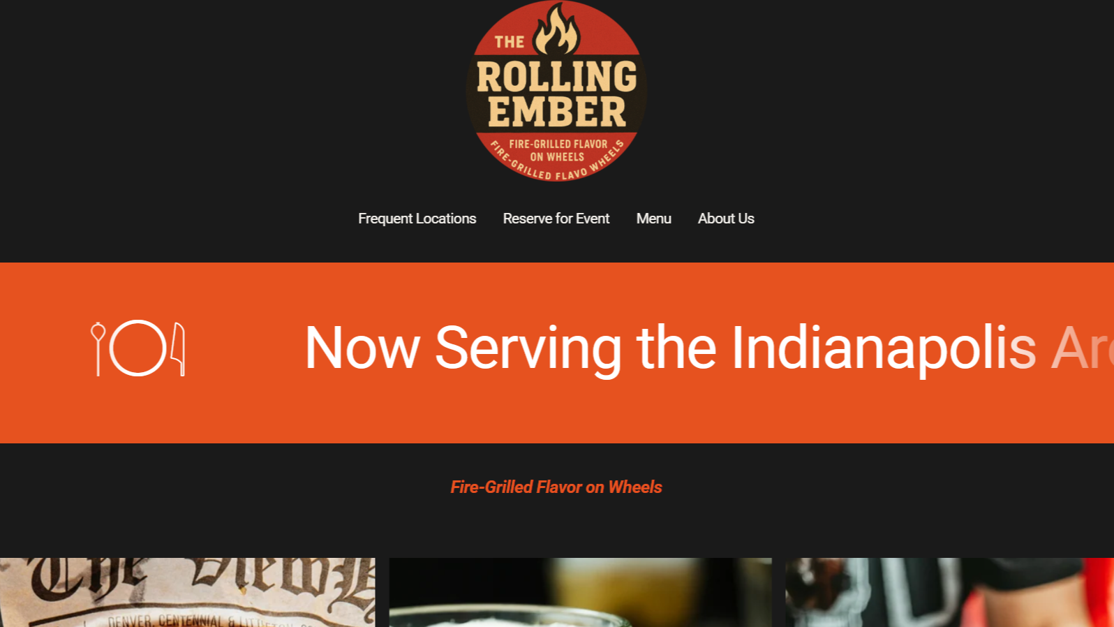Screenshot of the website for The Rolling Ember, a restaurant that offers fire-grilled flavor on wheels, with menu options, location info, and a logo with a flame icon.