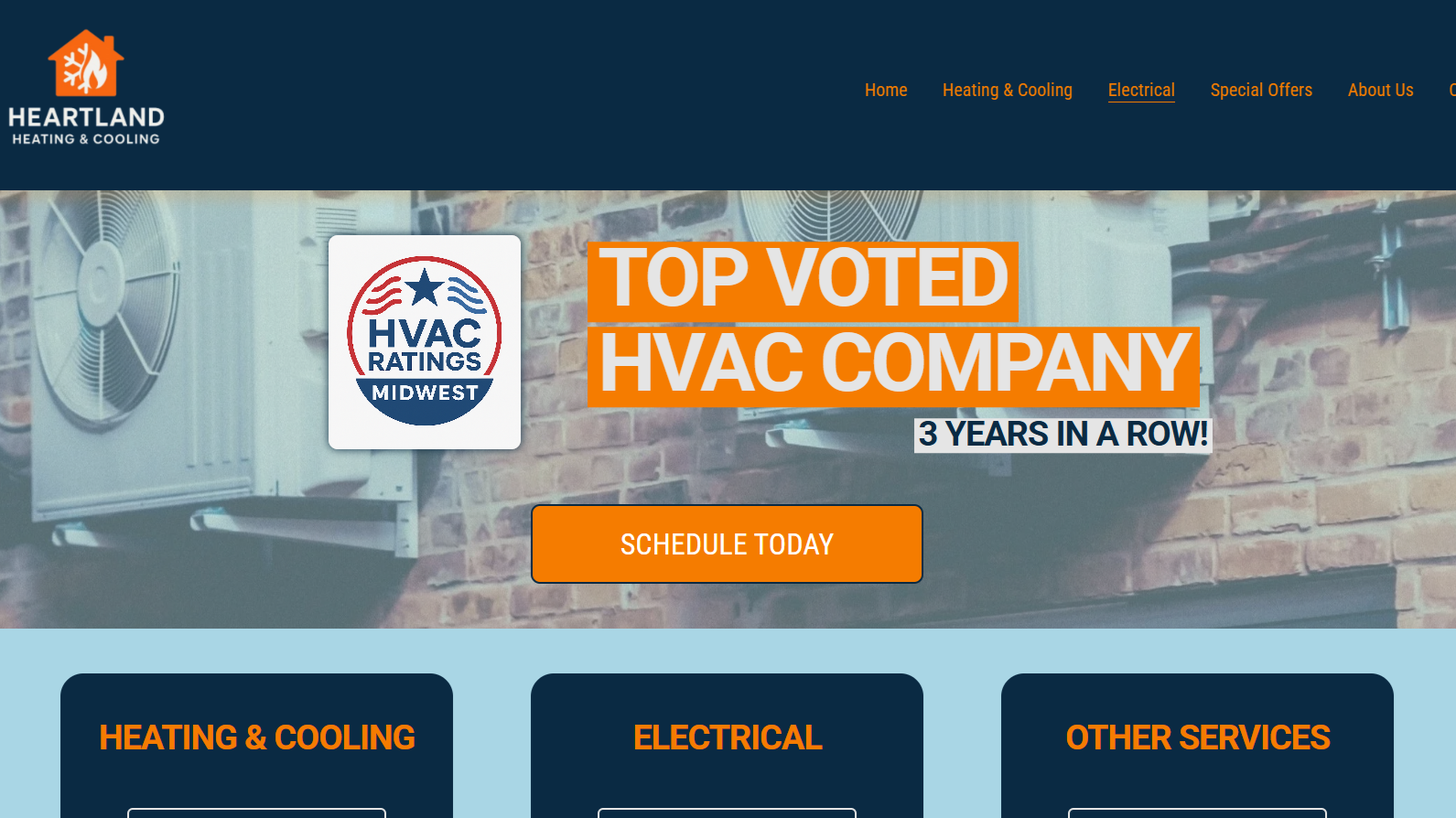 Homepage of Heartland Heating & Cooling website featuring HVAC ratings badge, bold text stating "Top Voted HVAC Company," and a call-to-action button labeled "Schedule Today."