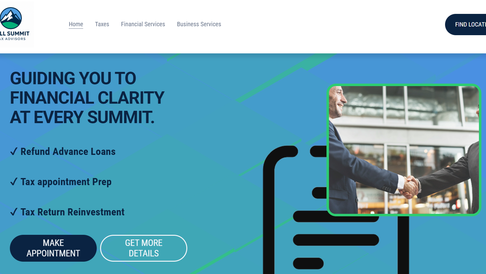 A website homepage for a financial advisory service showing a banner with the text 'Guiding You to Financial Clarity at Every Summit'. It features options for refund advance loans, tax appointment prep, and tax return reinvestment, with buttons label