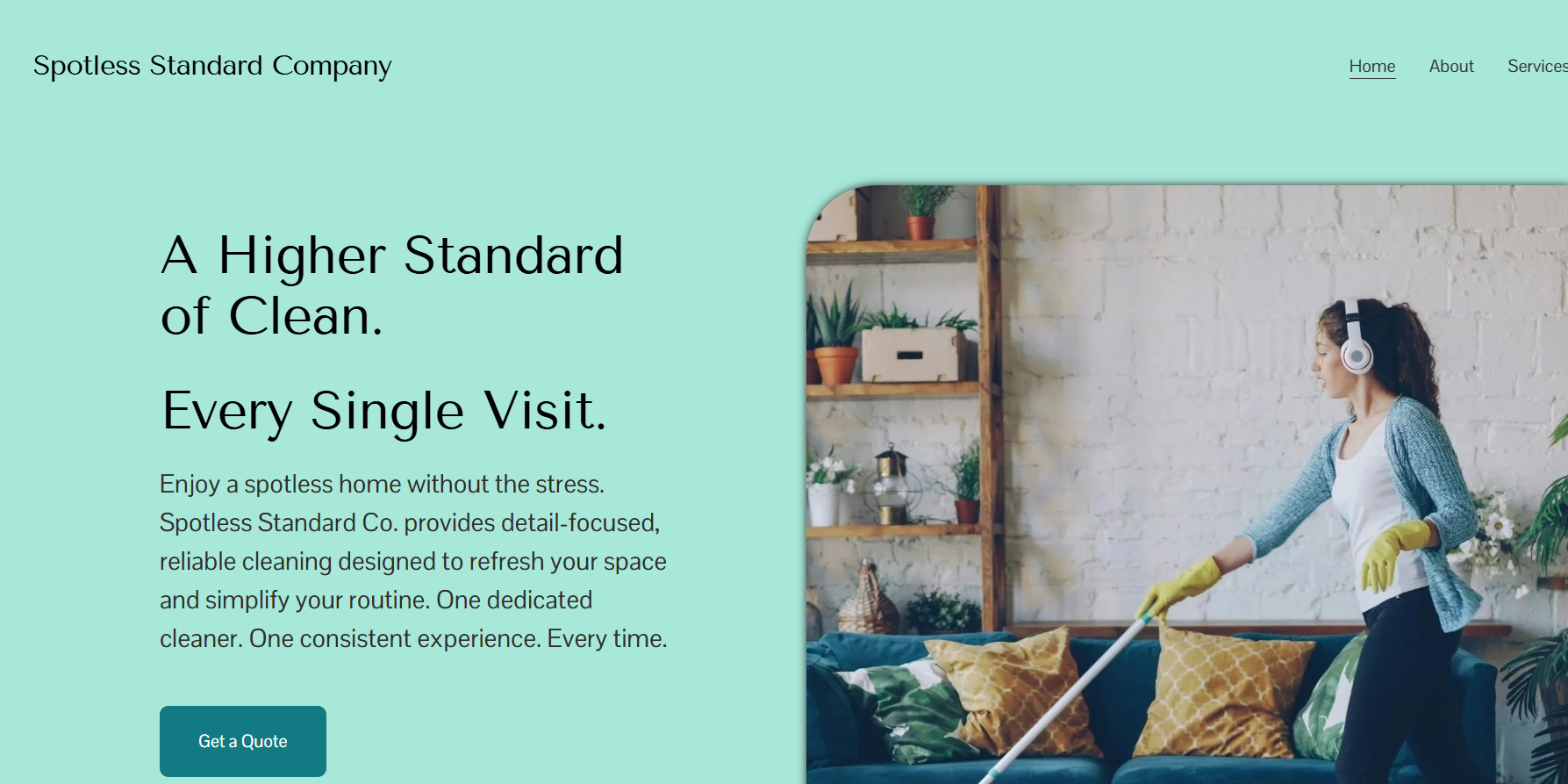 A woman with curly hair, wearing yellow gloves and headphones, is vacuuming a sofa in a modern, cozy living room with potted plants and a brick wall.