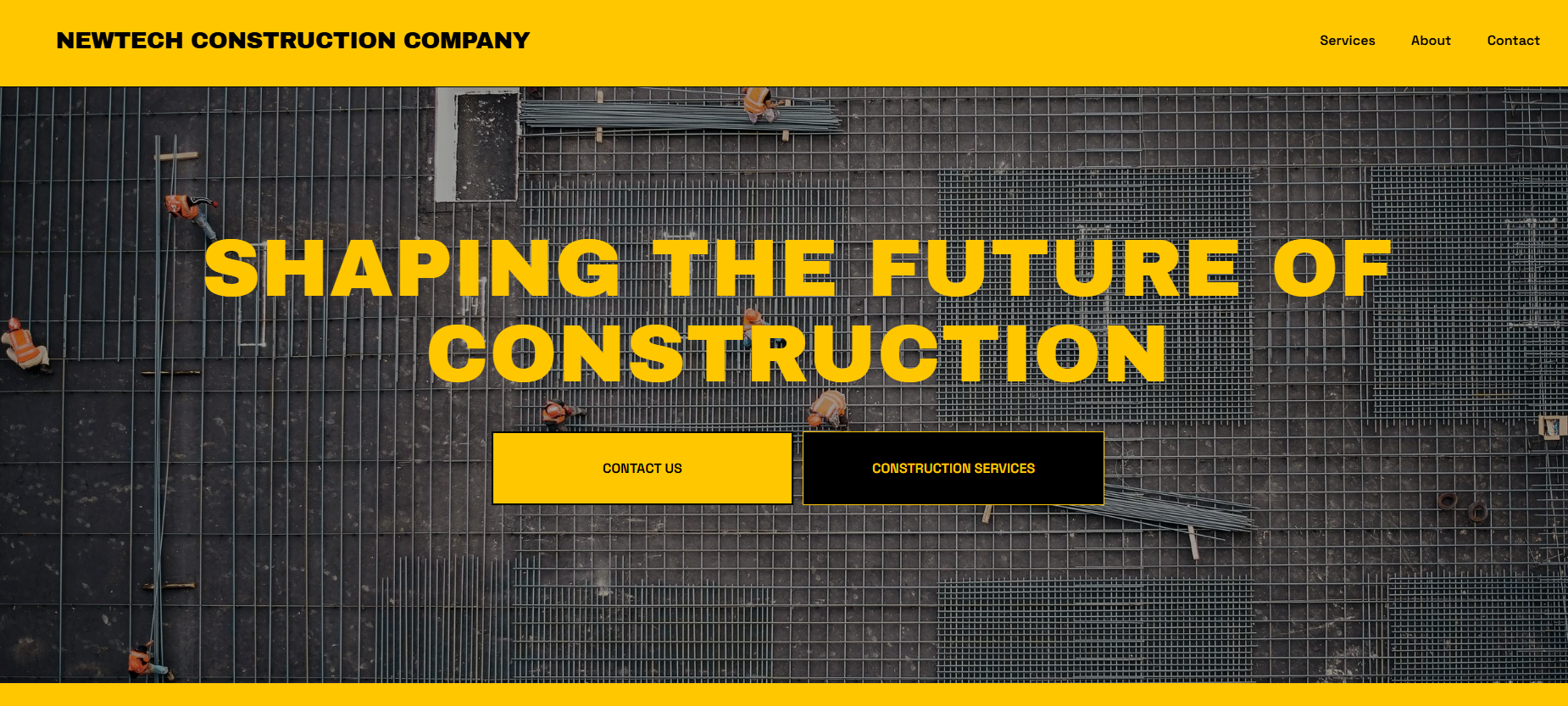 Construction site with workers laying a steel grid foundation, overhead view of construction.