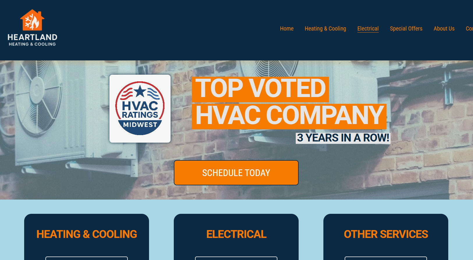 Screenshot of Heartland Heating & Cooling website homepage featuring a promotional banner claiming they are the top voted HVAC company for 3 consecutive years, with navigation links for Home, Heating & Cooling, Electrical, Special Offers, About Us, and Contact, and a button to schedule service.