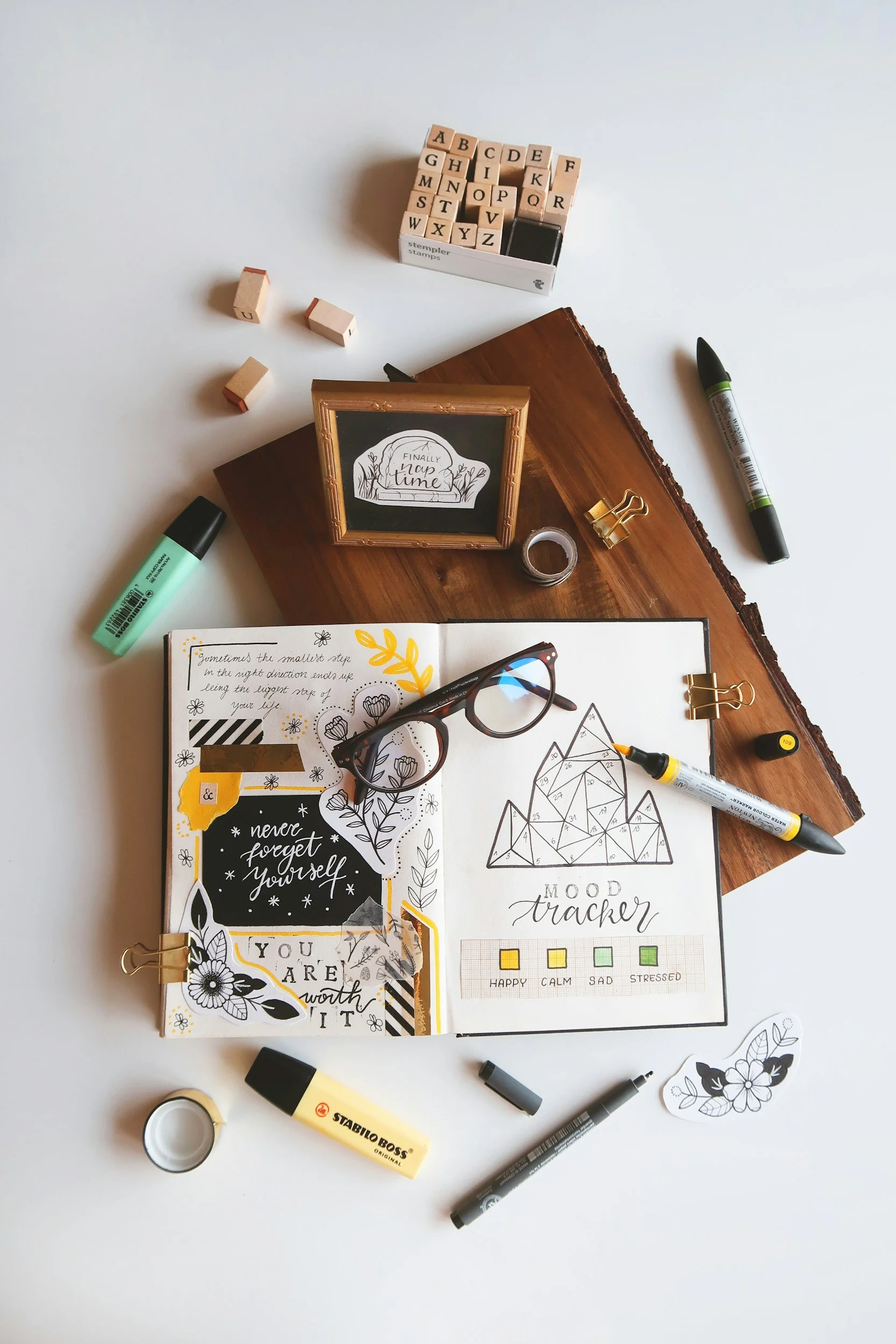 Bullet journal with glasses and stationery