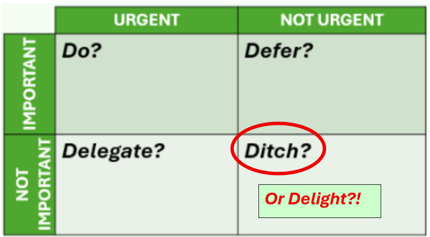 An example of the Urgent/Important grid - otherwise known as the Eisenhower or 4Ds matrix - but with the 'Not Urgent & Not Important' section circled and the suggestion of 'delight' added (instead of 'ditch')