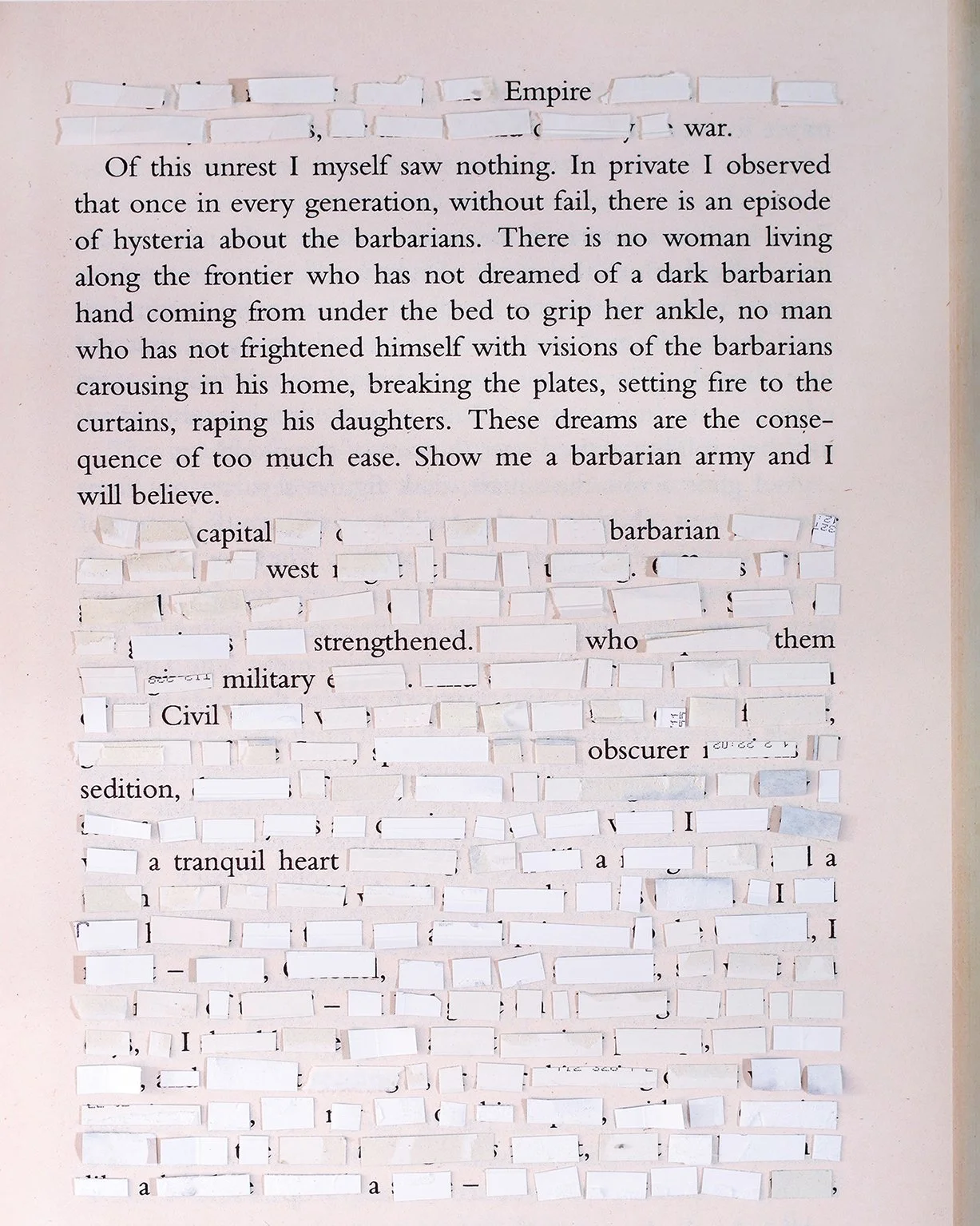 A page of a book with sections of text obscured by numerous white paper strips glued over the words, making the text difficult to read.