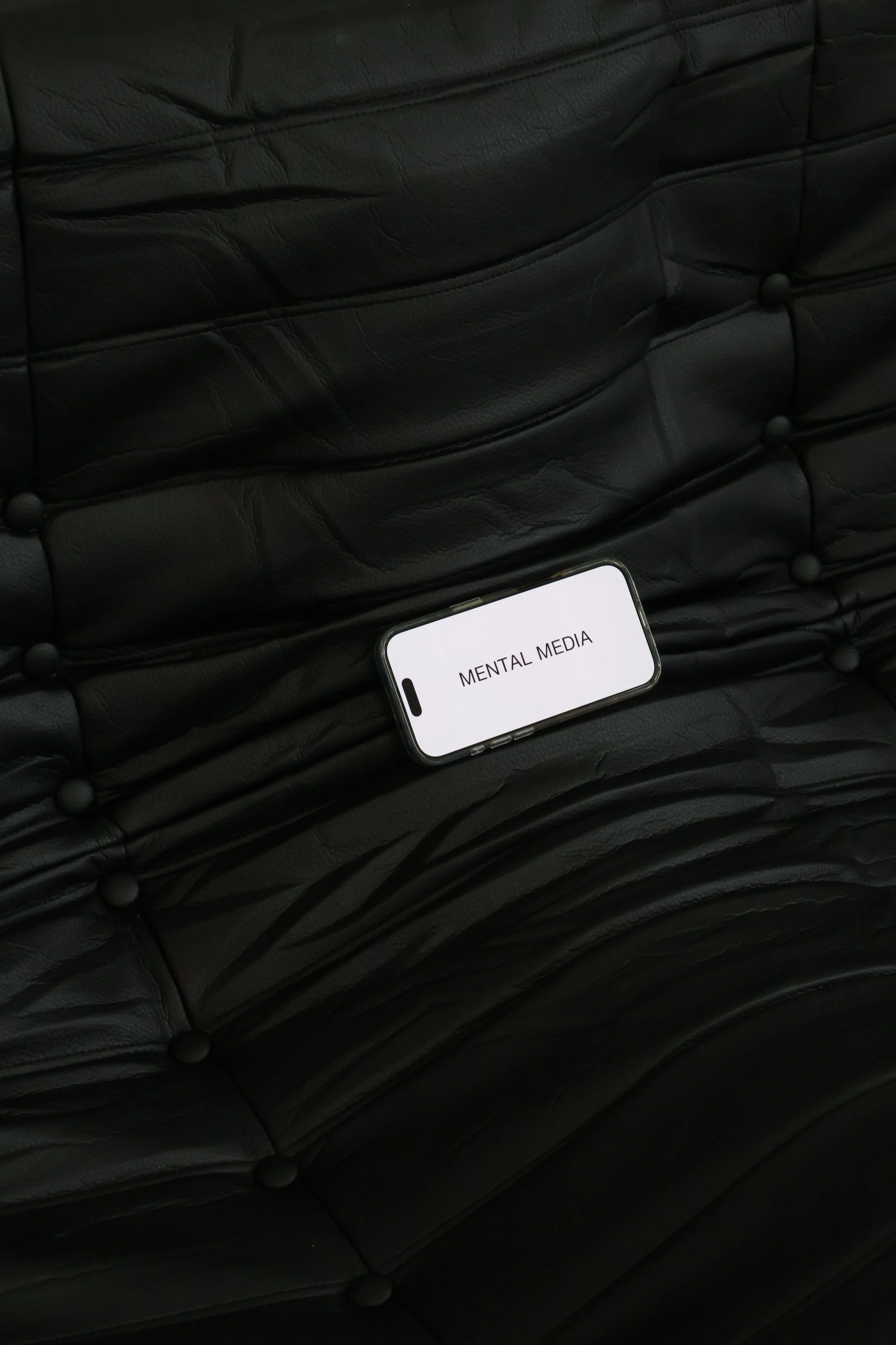 A smartphone with a white screen displaying the words 'MENTAL MEDIA' rests on a black tufted leather couch.