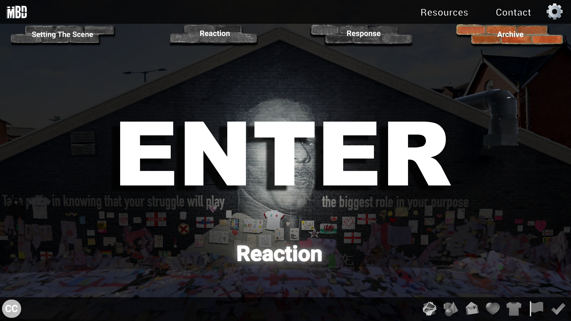 Screen shot of a digital resource whoing a painted potrait of Marcus Rashford, a black England Footballer, along with tributes of flags, messages, objects and shirts. With the word "Enter" written in white.