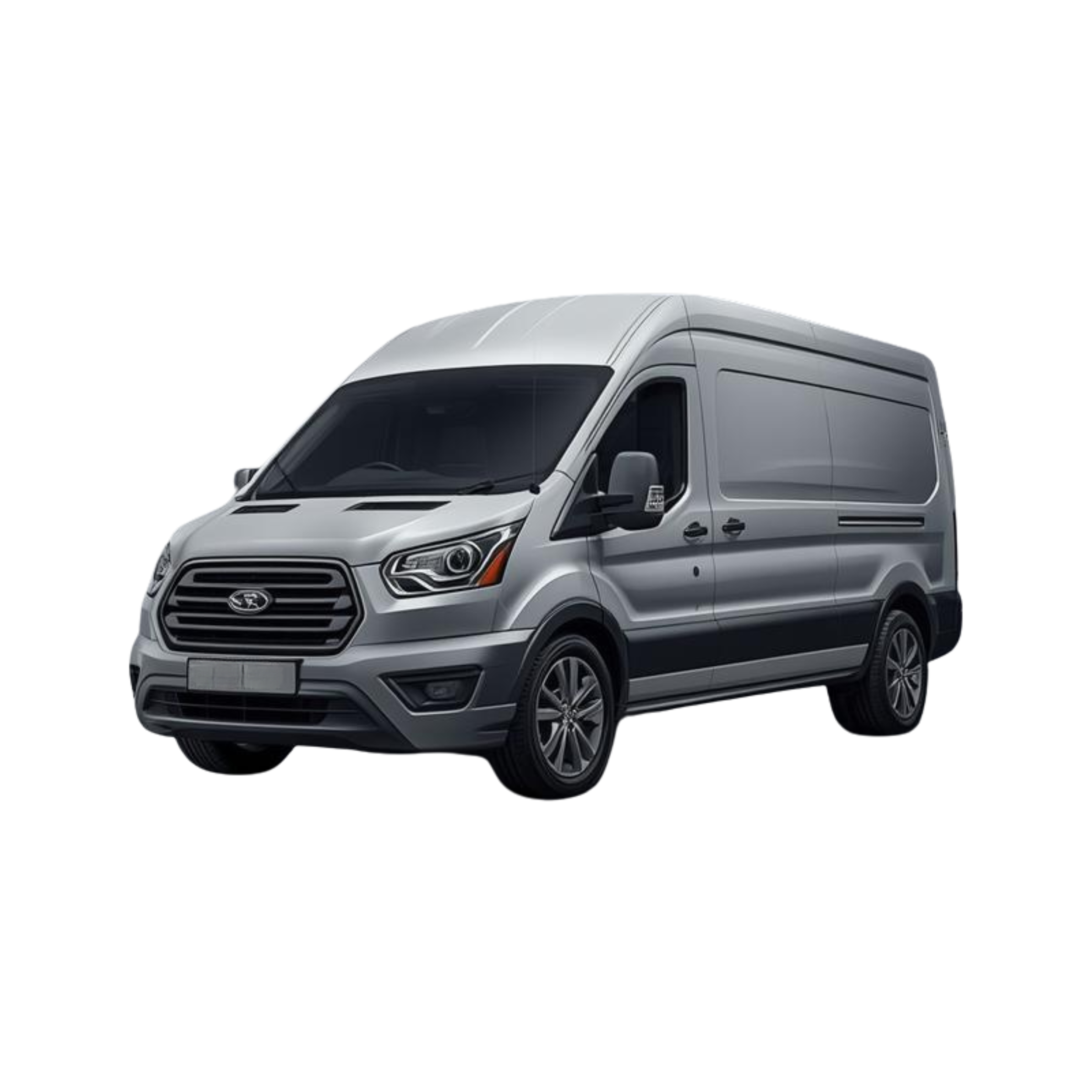 Front view of a silver delivery or cargo van with black-tinted windows and a modern design.