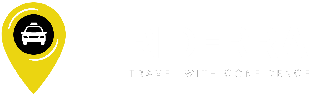 Riderra logo with a yellow map pin icon containing a white car symbol and the text "RIDERRA" and "Travel with Confidence" on a black background.