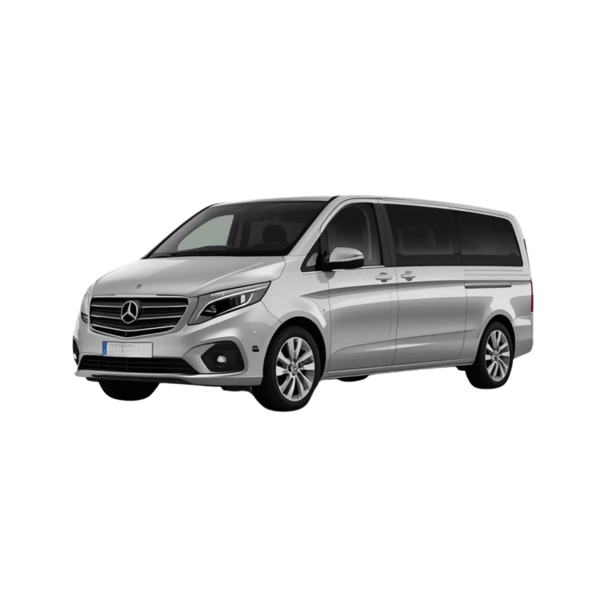 Silver Mercedes-Benz van showing front and part of the side view with a black background.