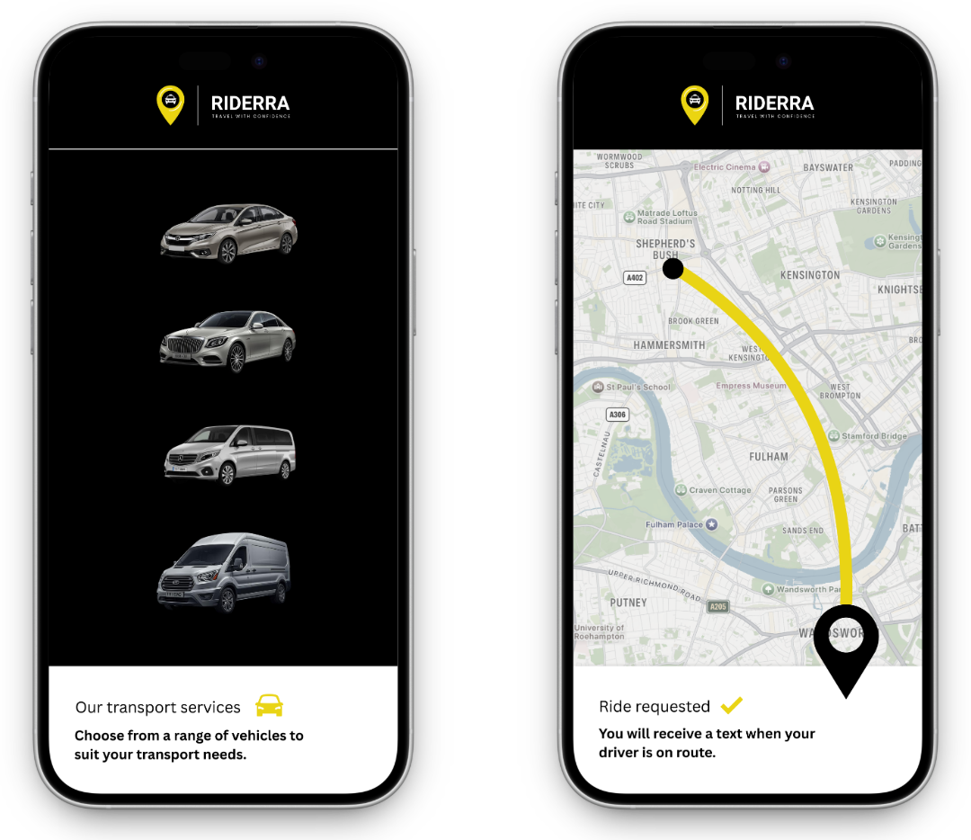 Screenshots of a ride-sharing app called RIDERAR showing different vehicle options on the left and a route map on the right from SWOR to Shepherd's Bush.