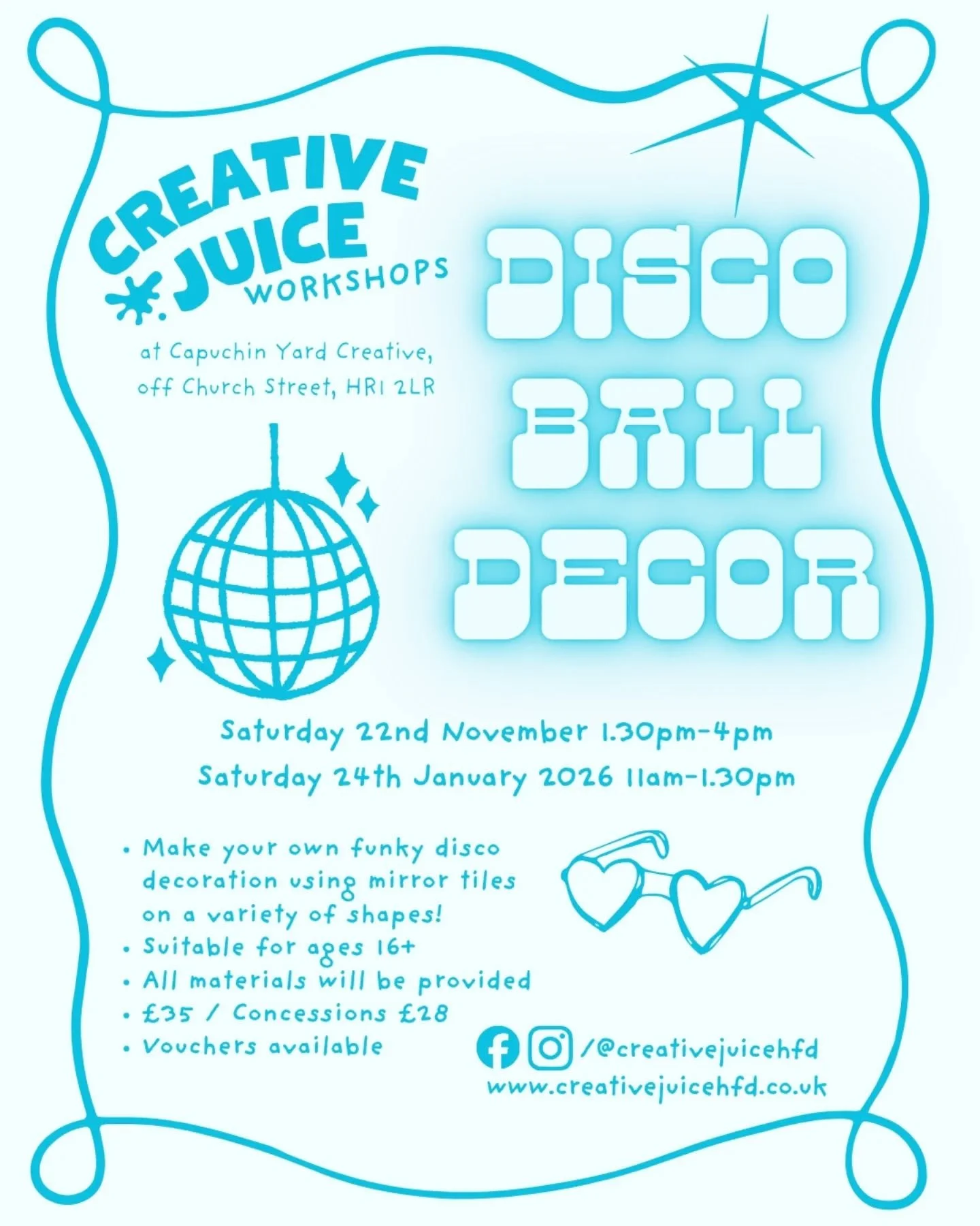 LAST FEW SPACES REMAINING! 🪩

Join me for a fun crafting session making your own disco balls and transforming thrifted home decor into dazzling disco inspired creations!

🗓️ SATURDAY 24TH JANUARY 
⌚11am - 1.30pm
📍@capuchinyardcreative

Book online