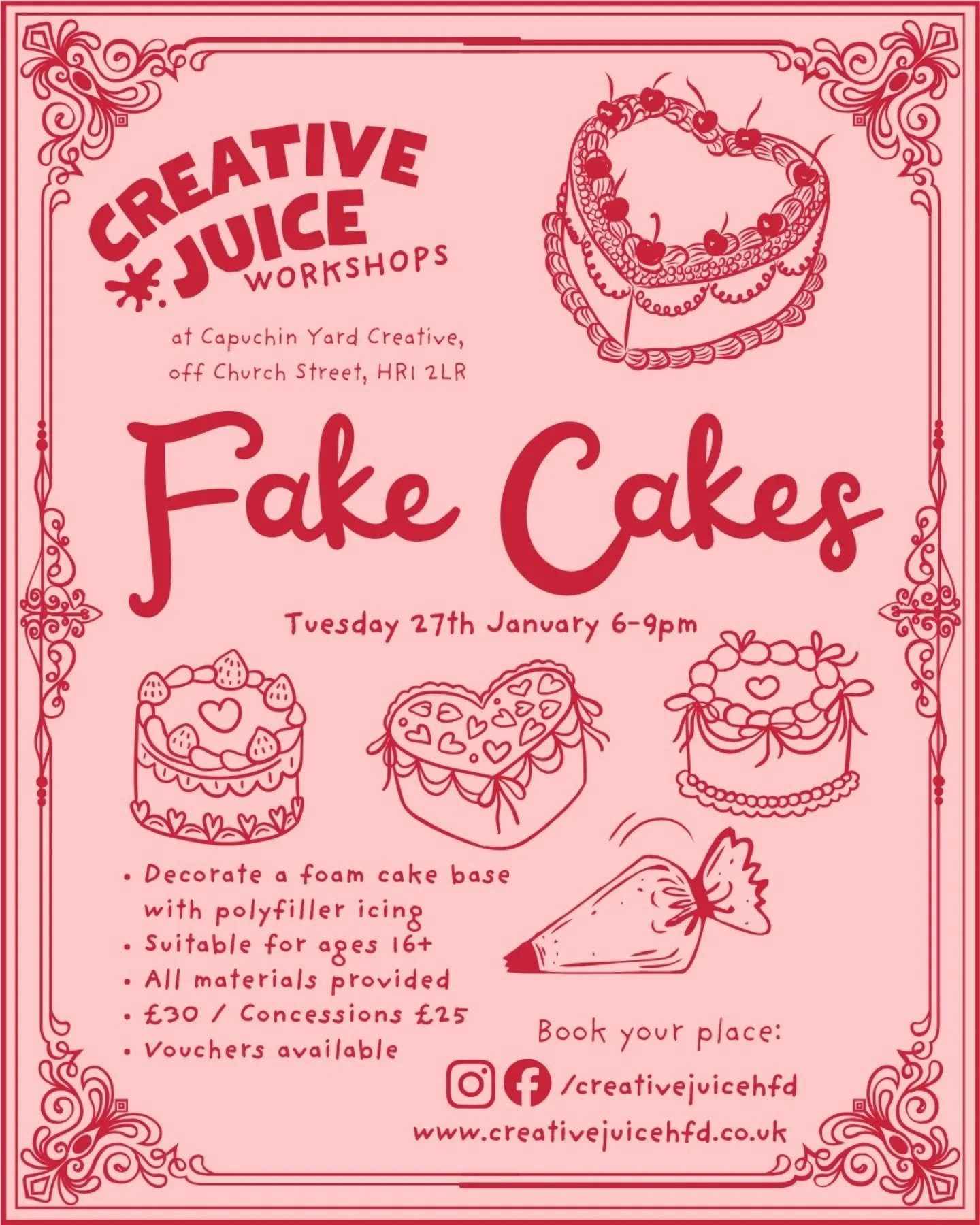 Fake Cakes - Decorate a cute cake that lasts! 🍰

🗓️Tuesday 27th January
⌚6-9pm
📍Capuchin Yard, Off Church Street, Hereford HR1 2LR

Book online - LINK IN BIO 🔗

Design your own ornamental cake with foam and polyfiller &ldquo;icing&rdquo; and prac