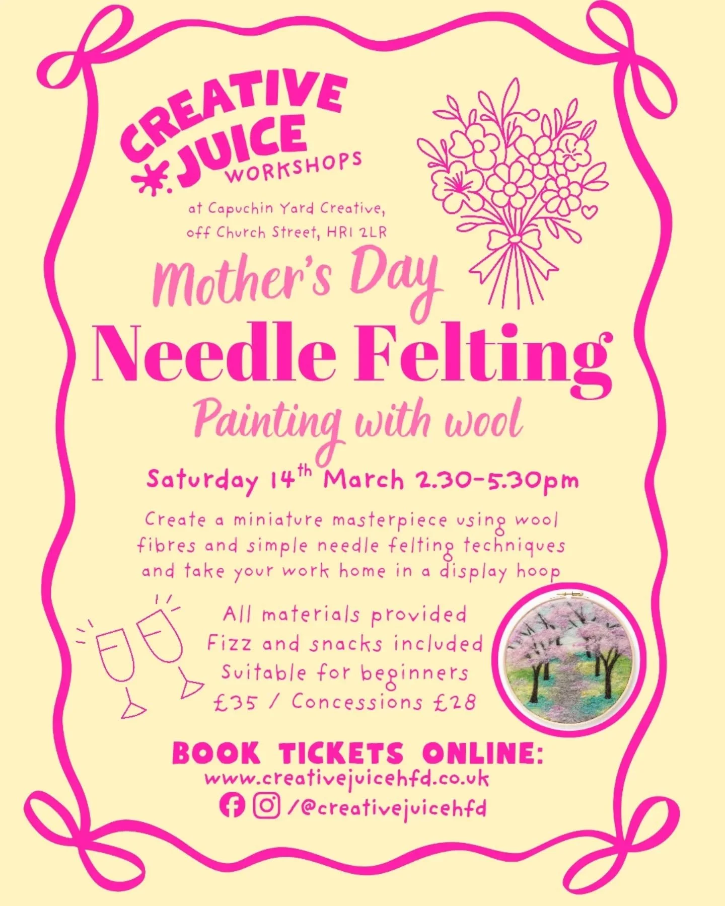 Fancy a go at needle felting? Get booked on with Creative Juice next Saturday for a beginners workshop creating your own miniature masterpiece! 🐑

You'll be shown the techniques how to make a 2D artwork using wool fibres in a relaxed environment - a