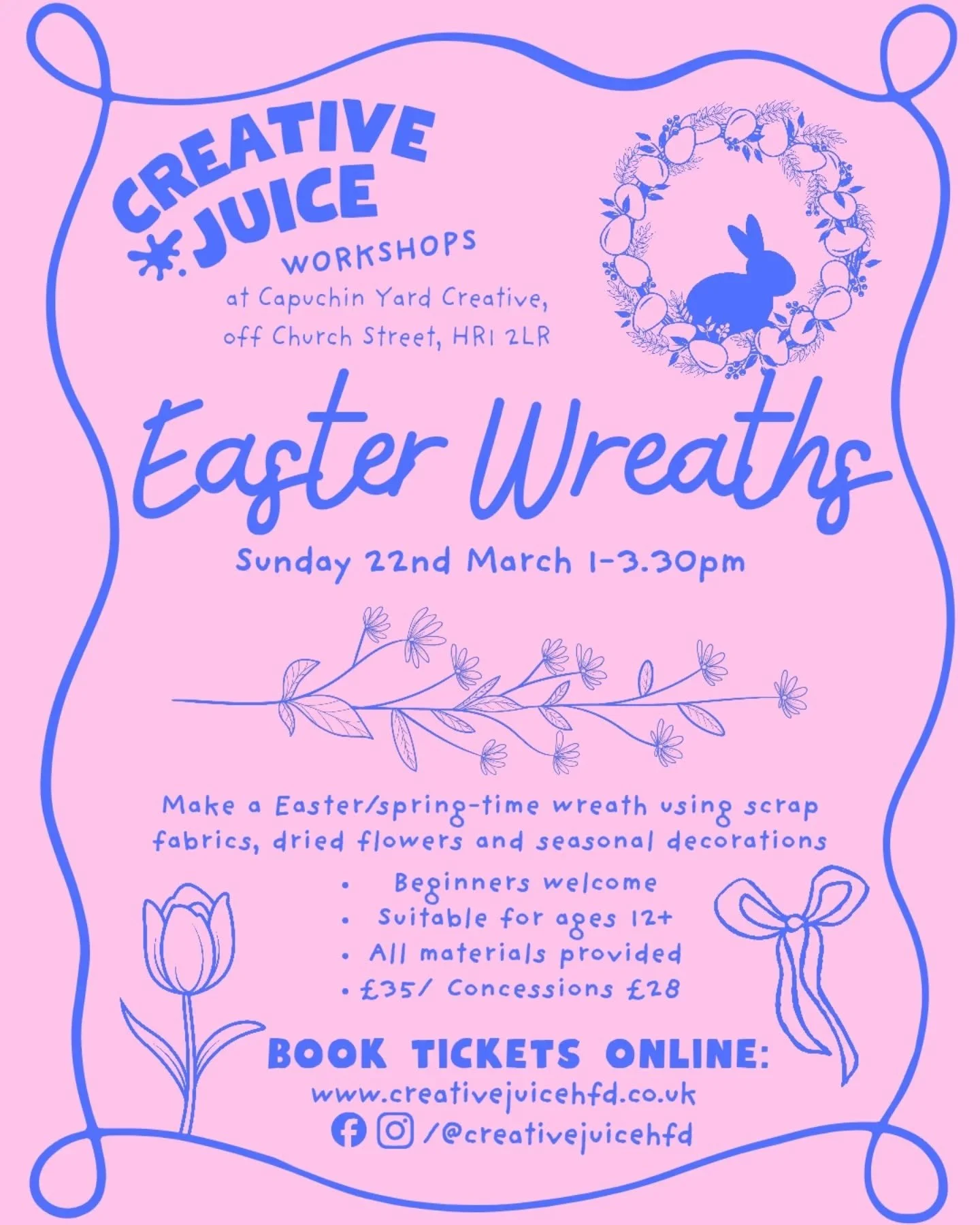 Feeling ready for Spring? 🌿 Join us for the Easter Wreath making workshop next weekend! 🐤

We will be using scrap fabrics, dried flowers, seasonal decorations and all things pastel coloured to create a lovely wreath for you to bring home! 🐇

It's 