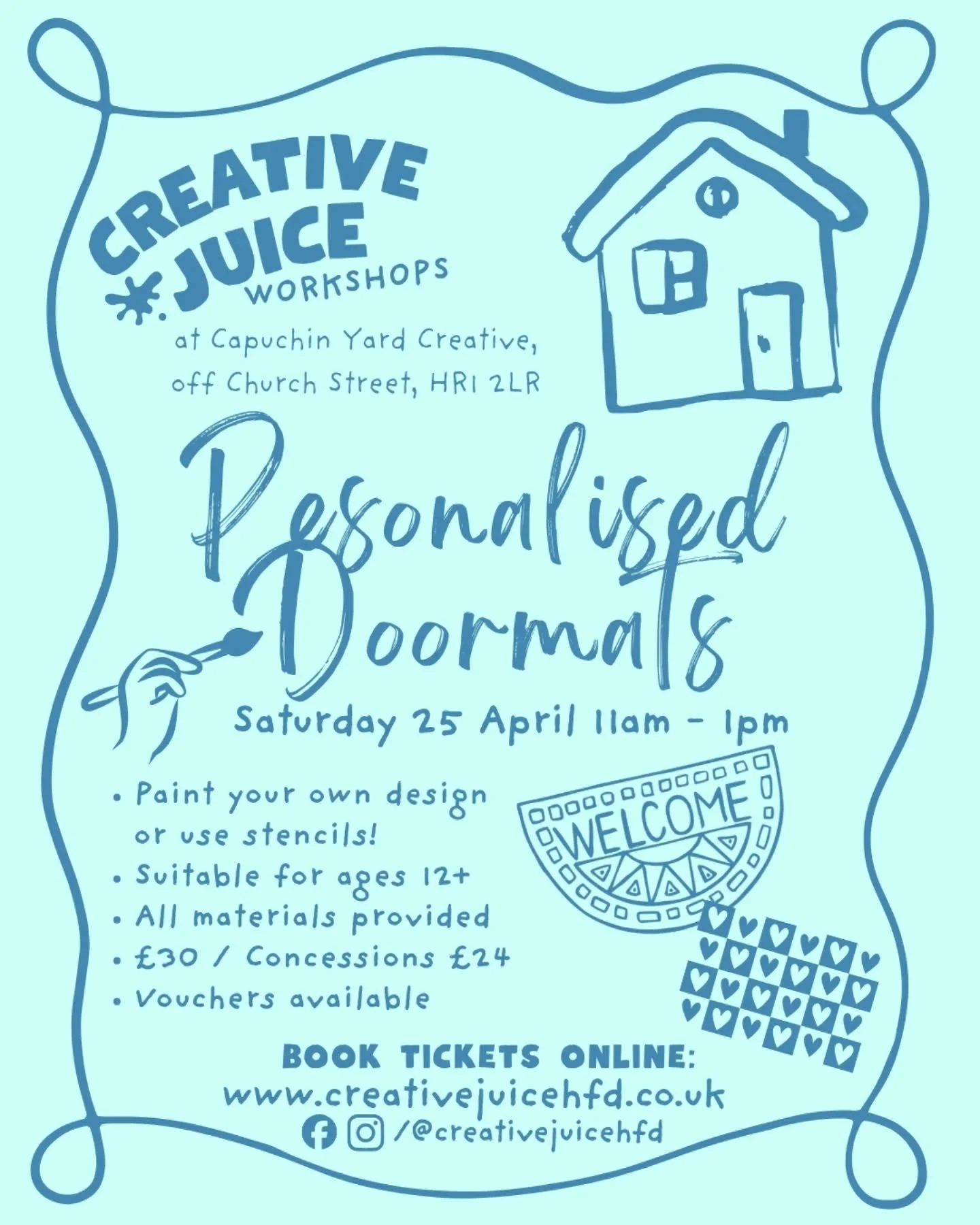 Get Creative at Our Doormat Painting Workshop! 🚪

Ready to add a personal touch to your doorstep? Join us for a fun and relaxing Doormat Painting Workshop next Saturday where you&rsquo;ll design and create your very own custom welcome mat using dura