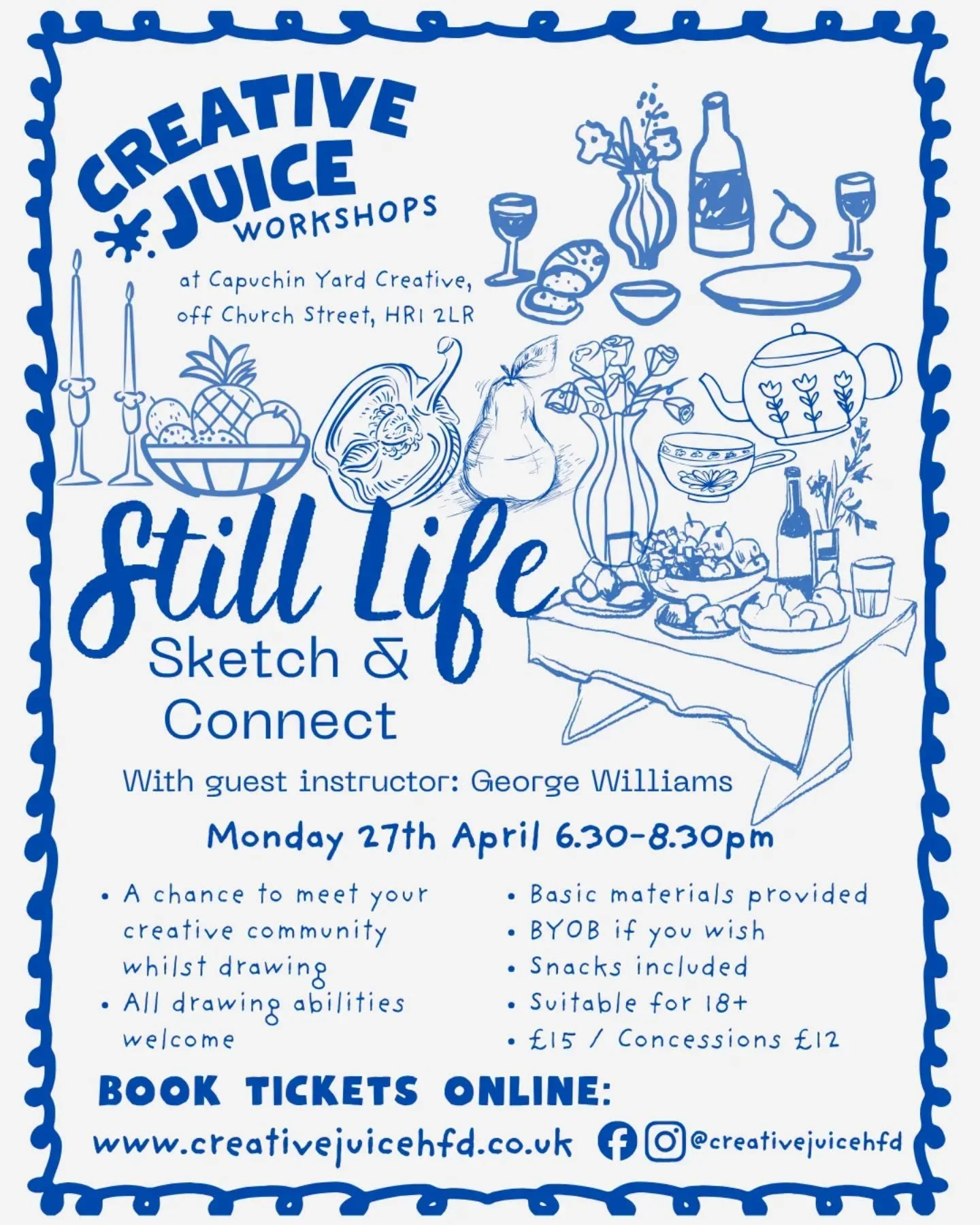 Looking forward to Sketch and Connect next Monday!

It was a lovely session last time, meeting new faces, trying different drawing techniques and having a few drinks on the side!

Sketch and Connect is a relaxed and friendly session of social drawing