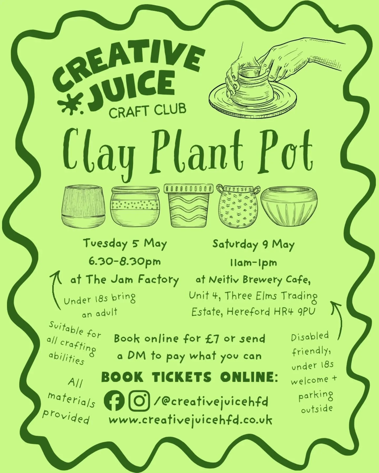 Very excited for Craft Club in May where we will be making clay plant pots! 🌿

Join us at our monthly meet up for a relaxed crafting session playing with clay and meeting like-minded creatives! 🍻

All materials and a wide range of tools will be pro