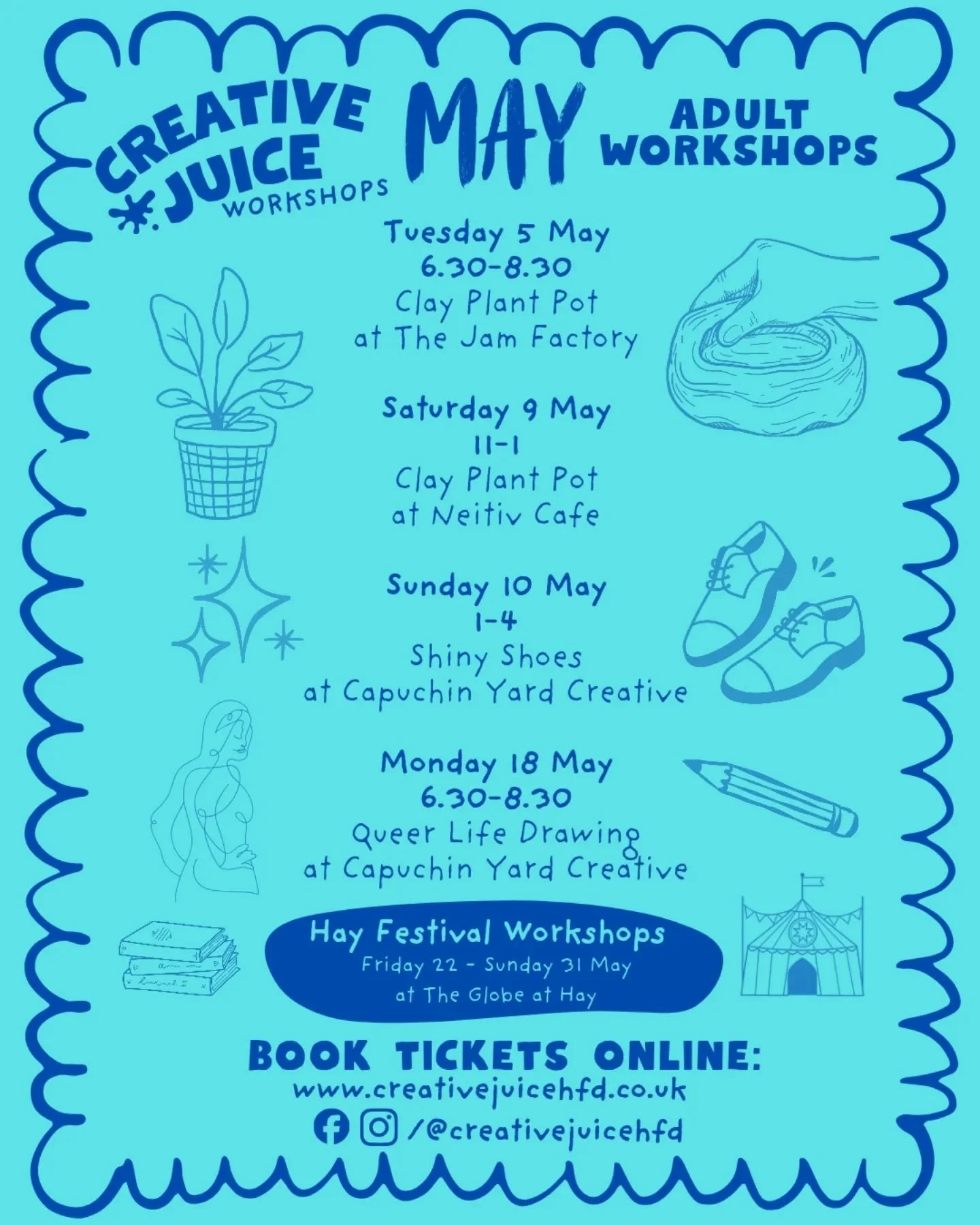 It's May Day babyyyyy!!!!! 🌿✨💖🎉🌞🌷💐🌻🪻🏵️🌼

It's my favourite time of year and I can't wait to get to the Hay festival at the end of this month!

In the meantime, here's a fabulous selection of craft workshops for adults in Hereford and there'