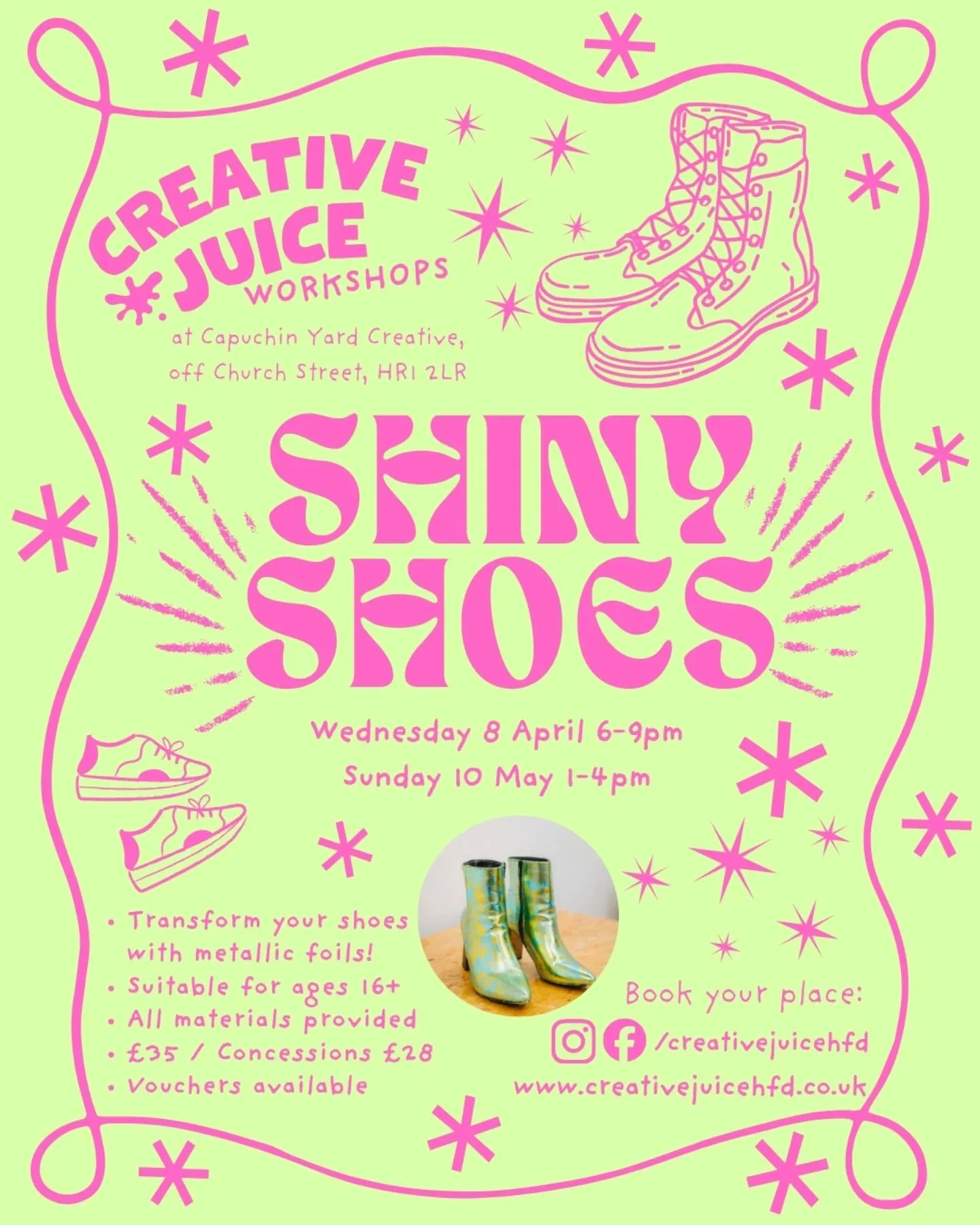 Got a pair of shoes that need a glow-up or are you looking for statement festival footwear this summer? Bring your plain shoes along and transform them into bold, shimmering statement pieces at our Shiny Shoes workshop 🪩🌈

SHINY SHOES WORKSHOP 
🗓 