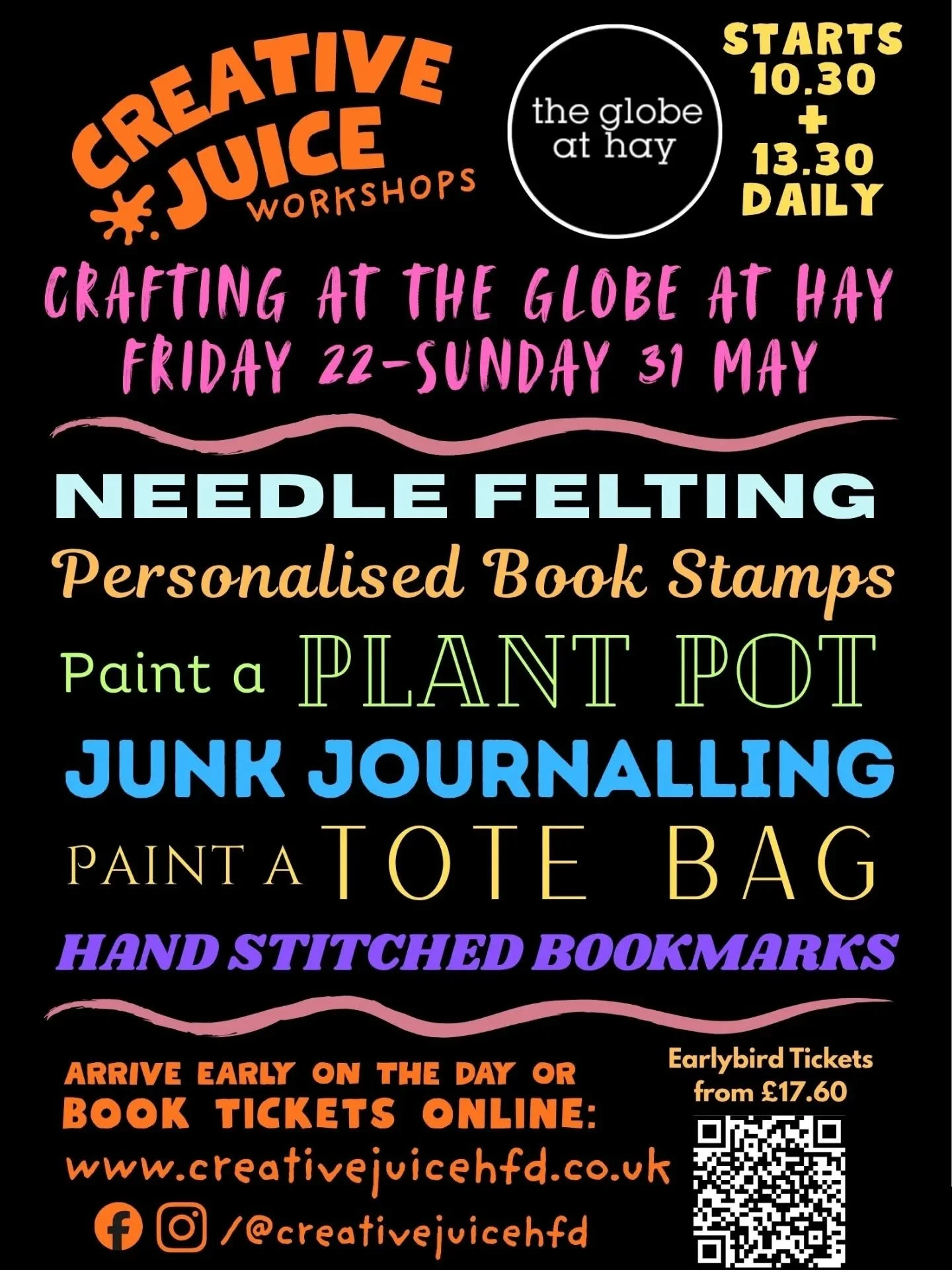 Creative Juice will be running daily craft workshops at @globeathay from Friday 22 - Sunday 31 May!! 📚

🛍️ Paint a Tote Bag 
🪴 Paint a Plant Pot
📚 Book Stamps
🔖 Hand Stitched Bookmarks 
📰 Junk Journalling
🐑 Needle Felting 

Join us for 2 hours