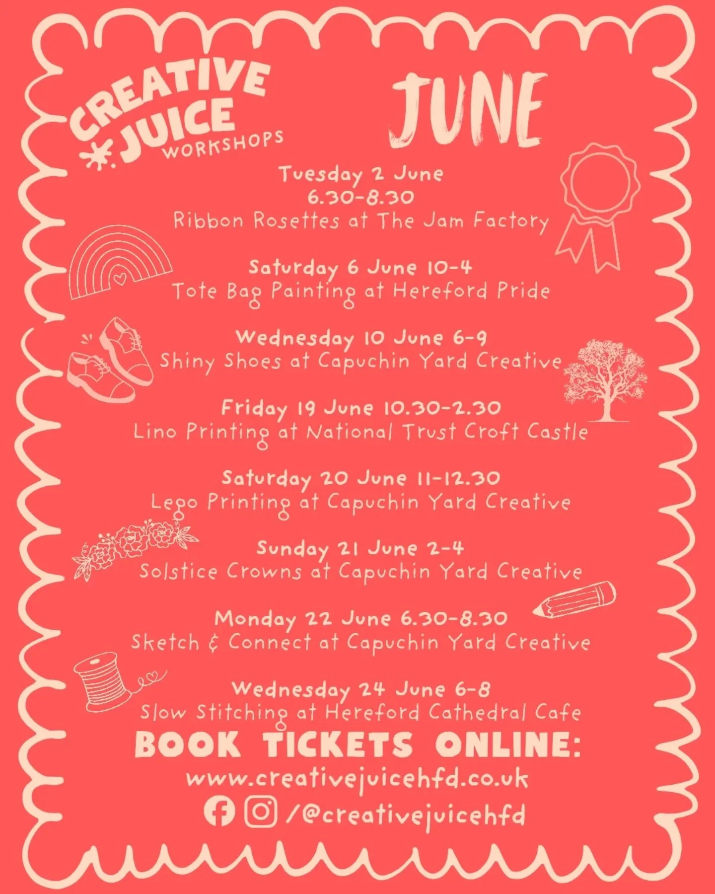 🌞✨ June is looking seriously creative... ✨🌞

We've packed this month with colour, creativity, connection and a little bit of magic:

🌈 Tote Bag Painting at Hereford Pride @queersnbeershfd
&bull; Sat 6 June | 10-4pm | Hereford High Town 
Join us at