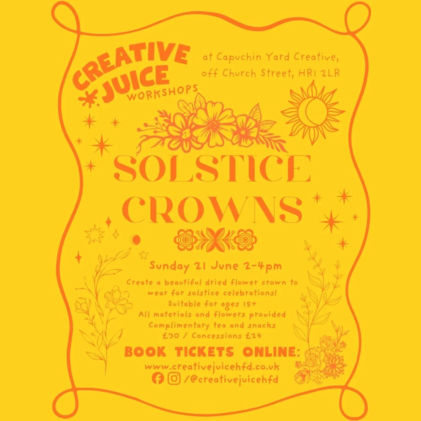 🌞✨ Solstice Crown Workshop ✨🌞

Join us for a beautiful afternoon of creativity and celebration as we welcome the height of summer with our Solstice Crown Workshop!

Using a gorgeous selection of dried flowers, ribbons, crystals and natural material
