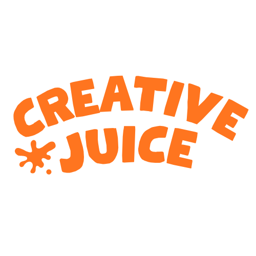 Black background with orange text that reads 'CREATIVE JUICE' in bold, playful font, with an orange splat to the left of the word 'JUICE'.