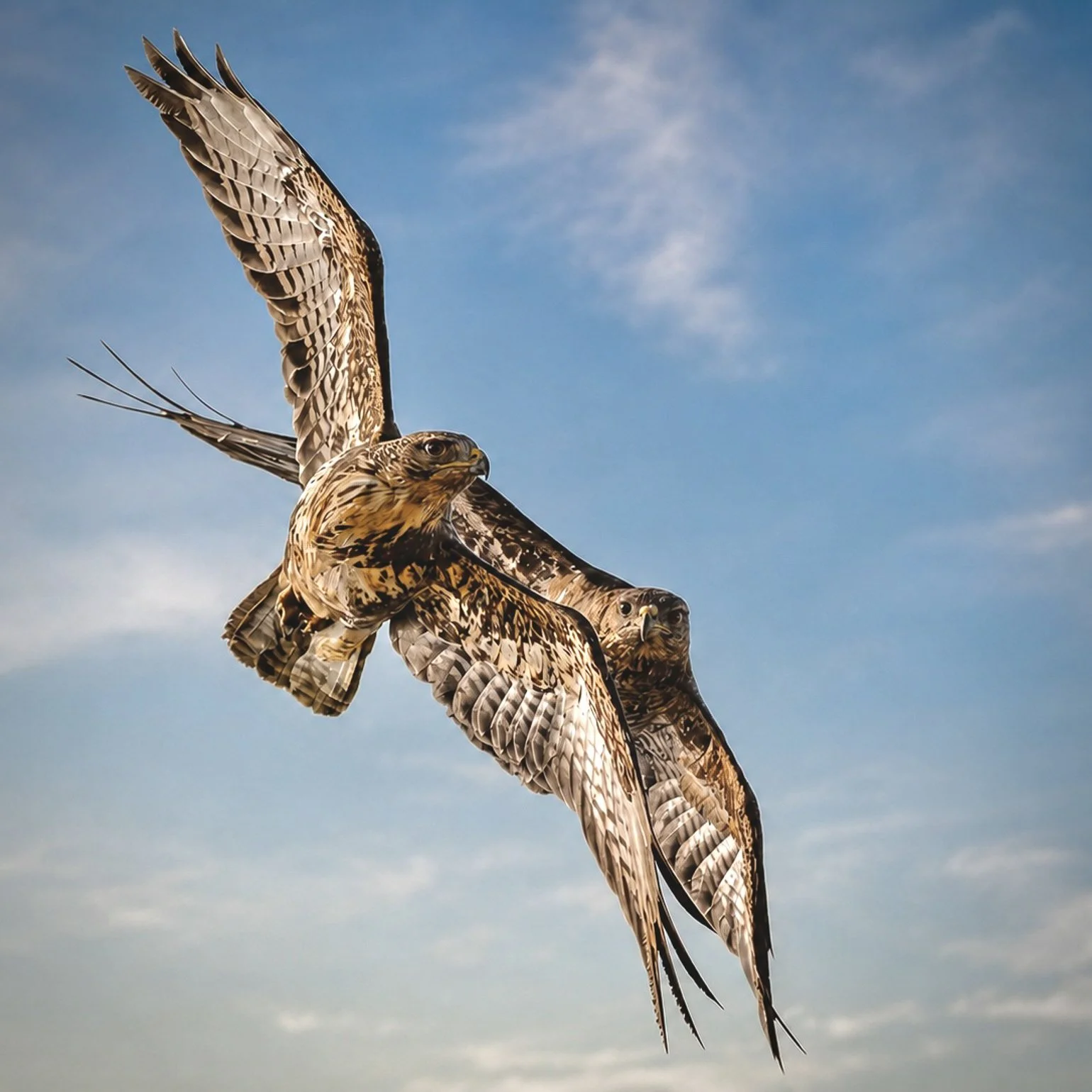 Three hawks flying in a blue sky with some clouds, one with wings fully spread.