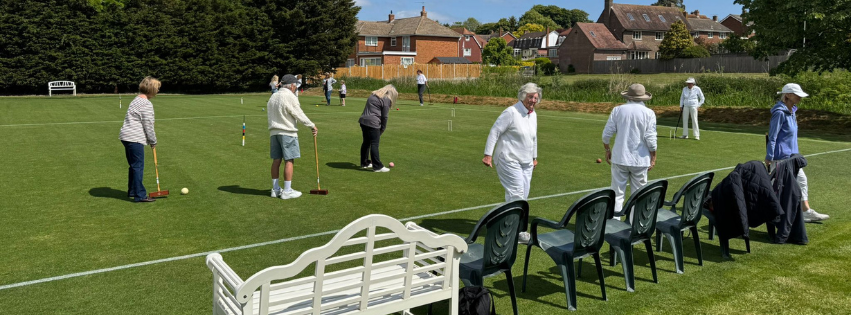 Senior citizens playing lawn bowls on a sunny day in a park with benches and houses in the background.