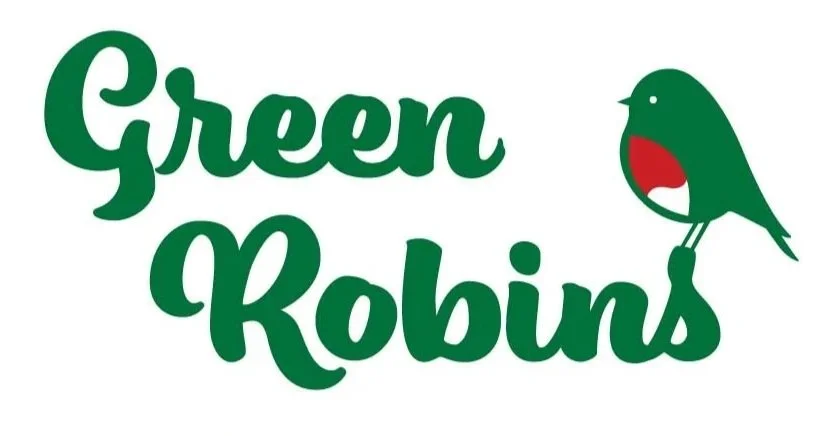 Logo with the words 'Green Robins' in green cursive text and an illustration of a robin bird with a red breast on the right.