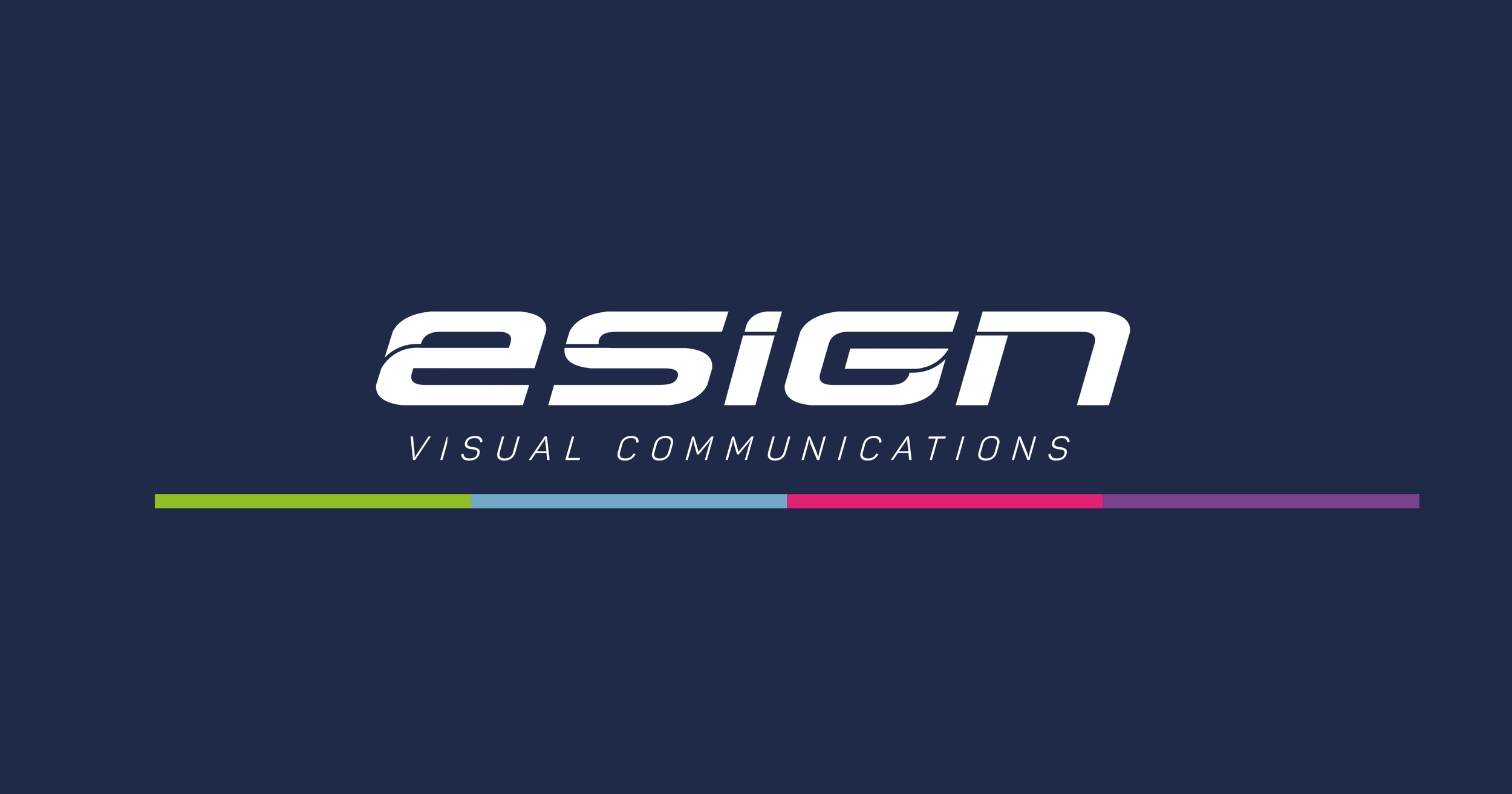 Logo with the text 'esign' and 'visual communications' below, featuring a multicolored progress bar on a dark background.