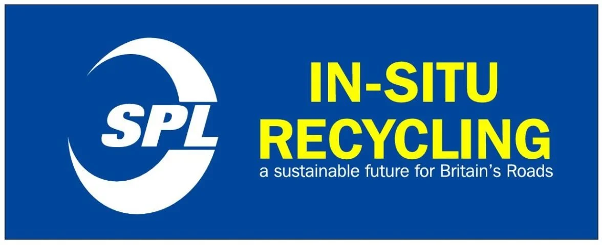 SPL logo with the words "IN-SITU RECYCLING" in large yellow letters and "a sustainable future for Britain's Roads" underneath.