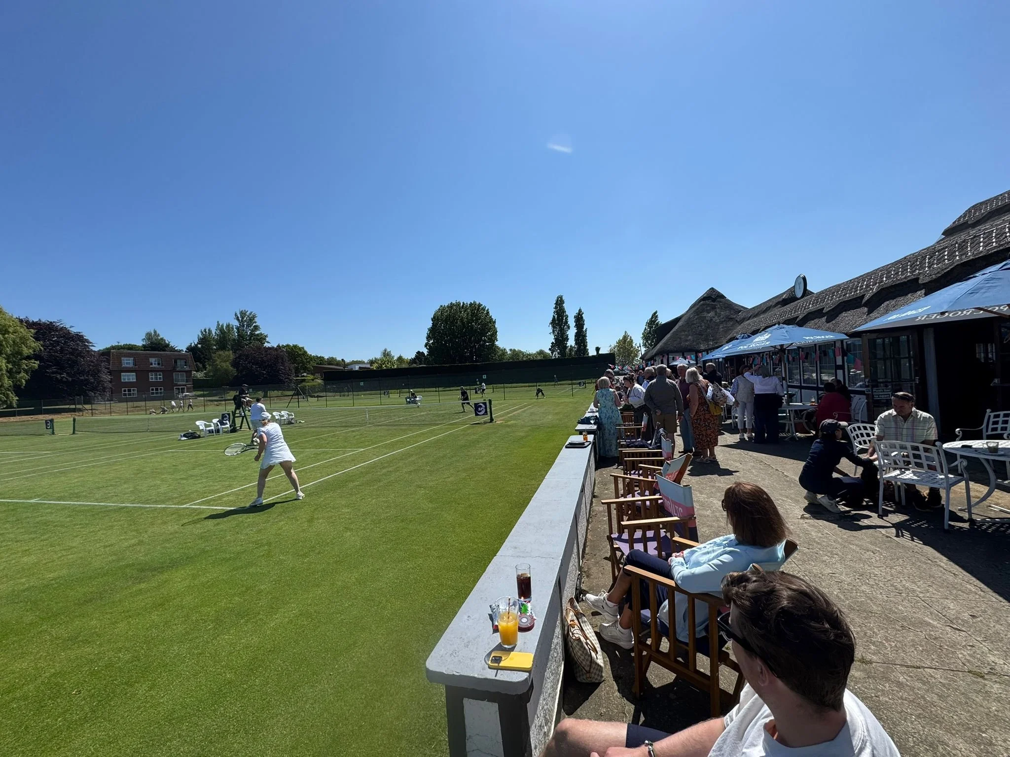 People watching a tennis match at an outdoor court on a sunny day, with a grassy field and trees in the background.