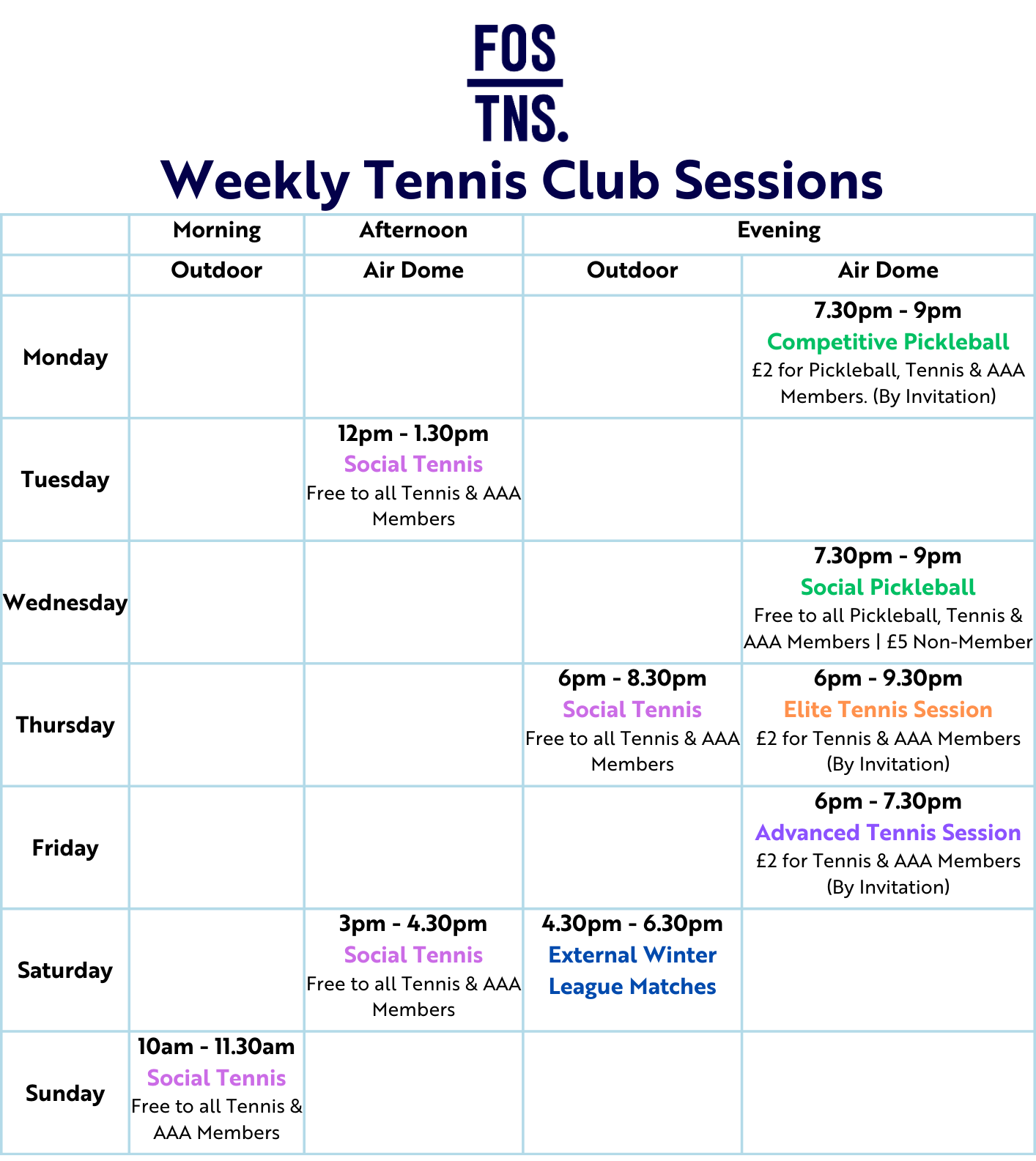 Schedule of weekly tennis club sessions including social tennis, competitive pickleball, and league matches from Monday to Sunday with times, locations, and fees.