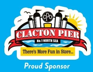 Logo of Clacton Pier featuring amusement rides, a ferris wheel, and the sun, with text stating 'No.1 North Sea,' 'There's More Fun in Store,' and 'Proud Sponsor'.