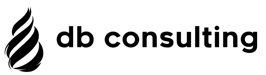 Logo for db consulting featuring a black and white flame-like icon and bold black text.