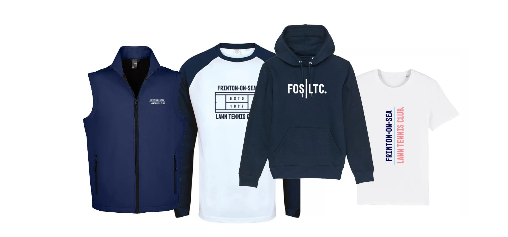 A collection of four clothing items including a navy blue zip-up vest, a white and navy baseball-style T-shirt, a navy hoodie, and a white T-shirt with colorful text.